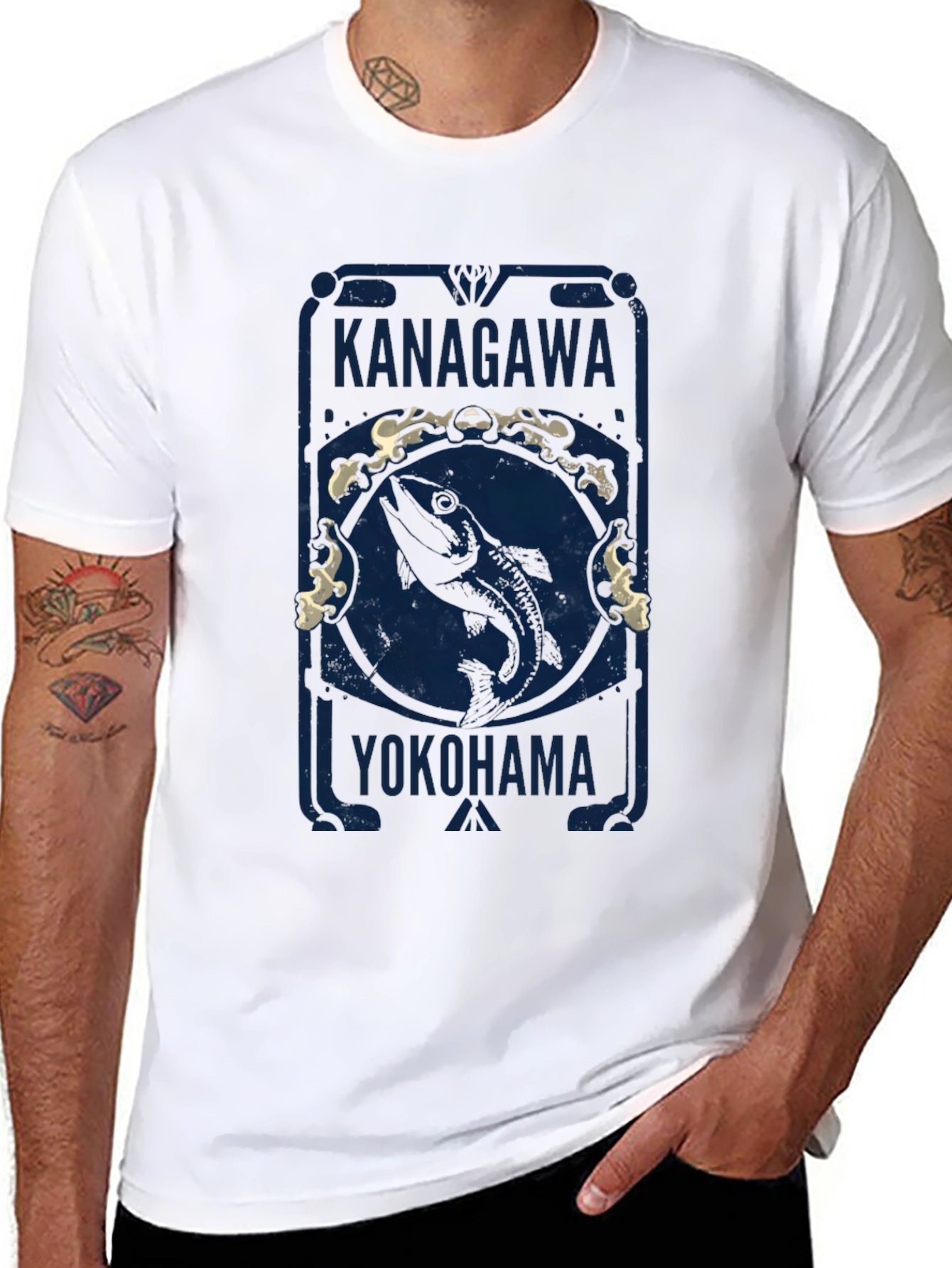 Black Kanagawa Yokohama Fish Graphic Tee - Black Cotton T-Shirt view 8