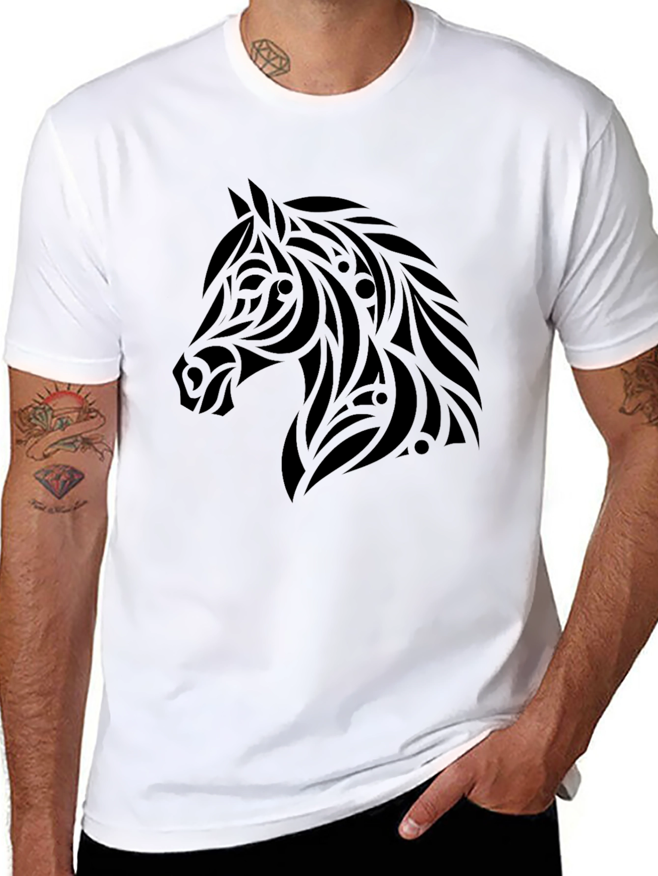 Black Tribal Horse Graphic Tee - Black Cotton Blend Shirt view 8