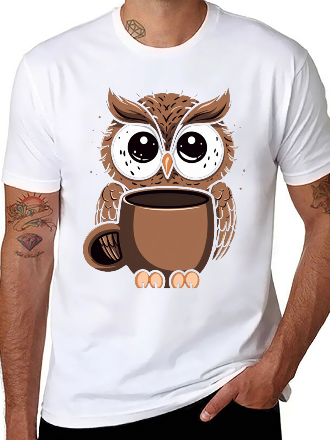 Black Owl Coffee Cup T-Shirt - Whimsical Bird Lover Tee view 8