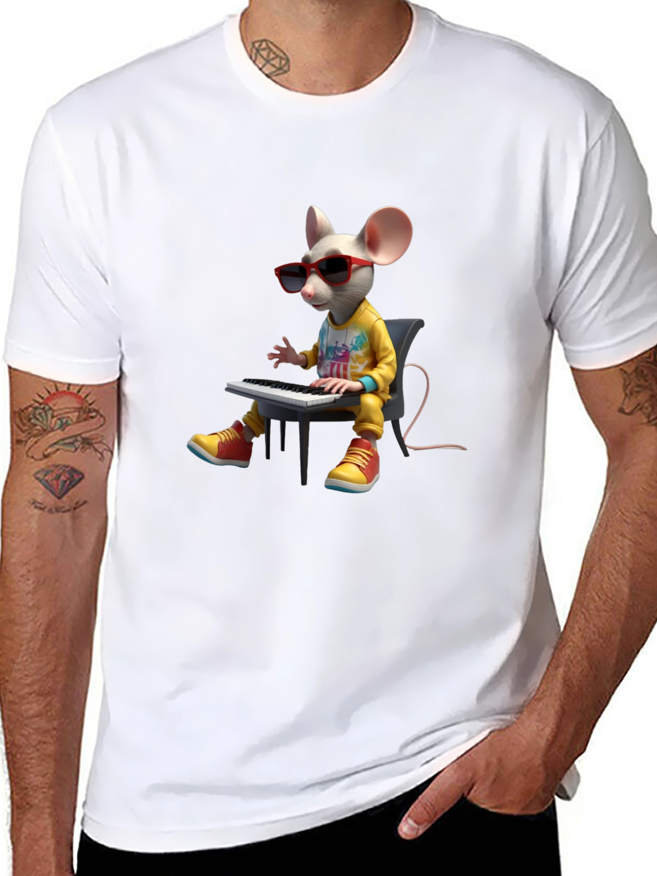 Black Cool Mouse Playing Piano Black T-Shirt view 8