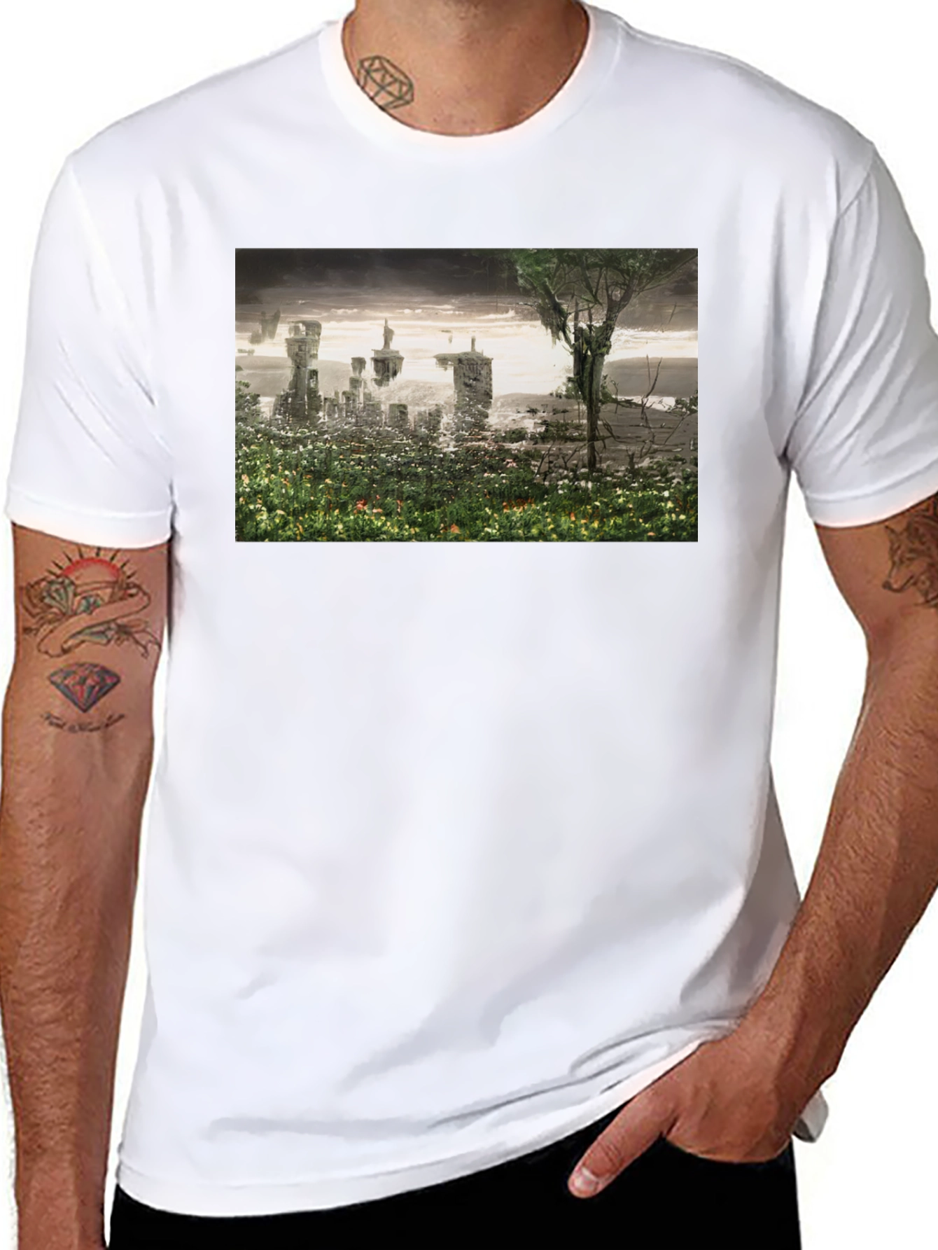 Black Surreal Landscape Graphic Tee - Modern Artistic T-Shirt view 8