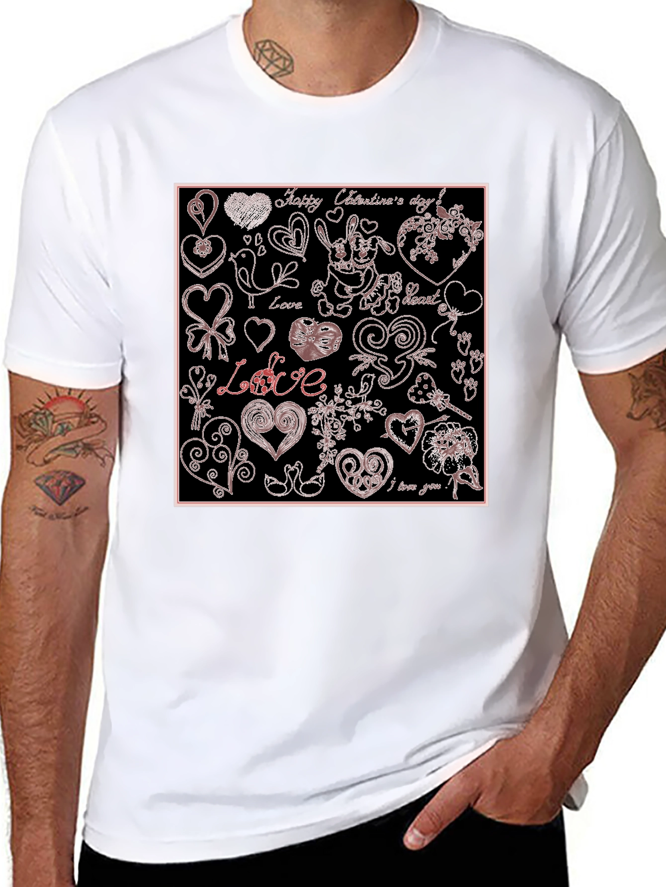 Black Valentine's Day Hearts Pattern Graphic Tee view 8
