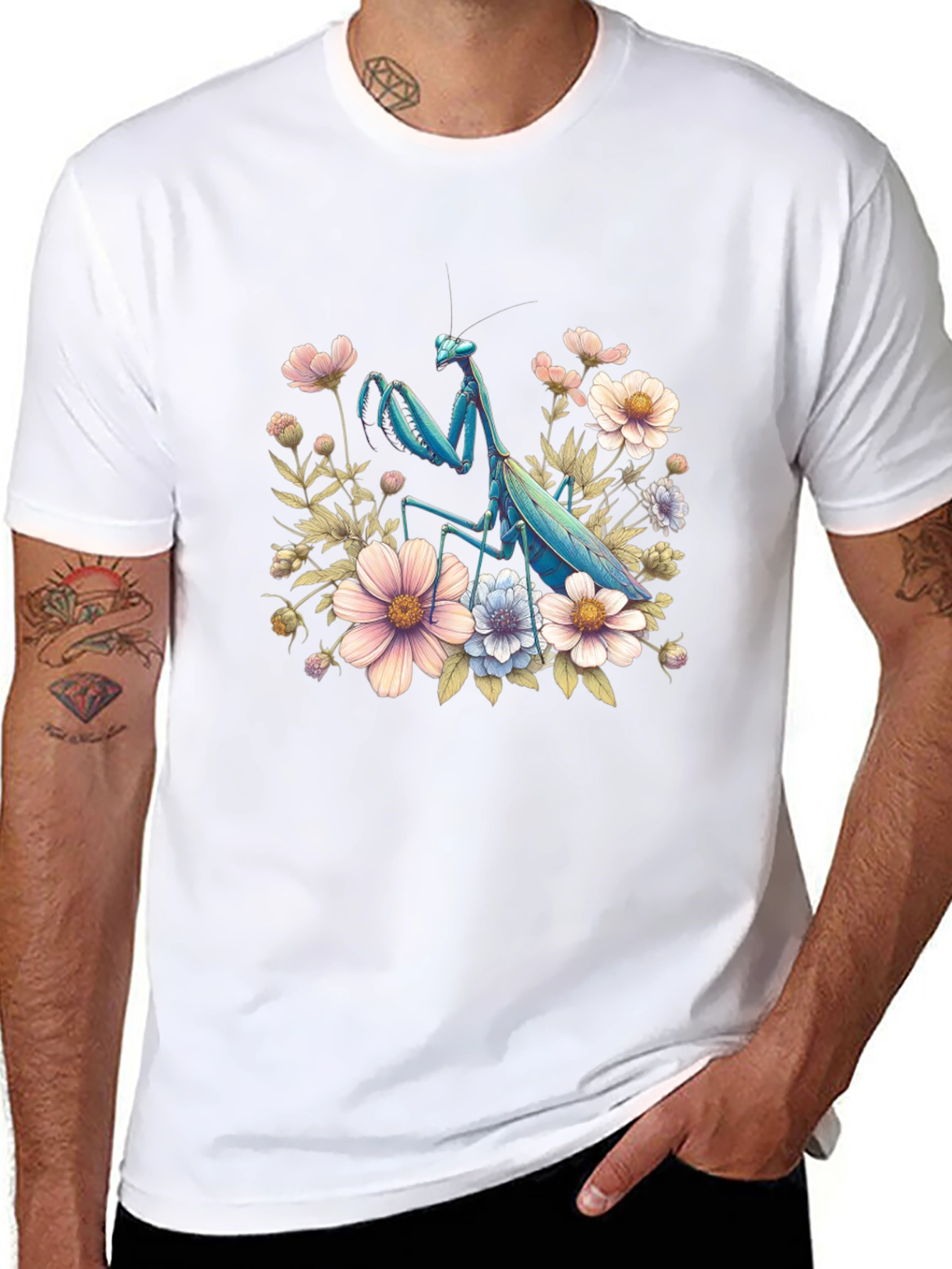 Black Floral Mantis Graphic Tee - Unique Bug Design view 8