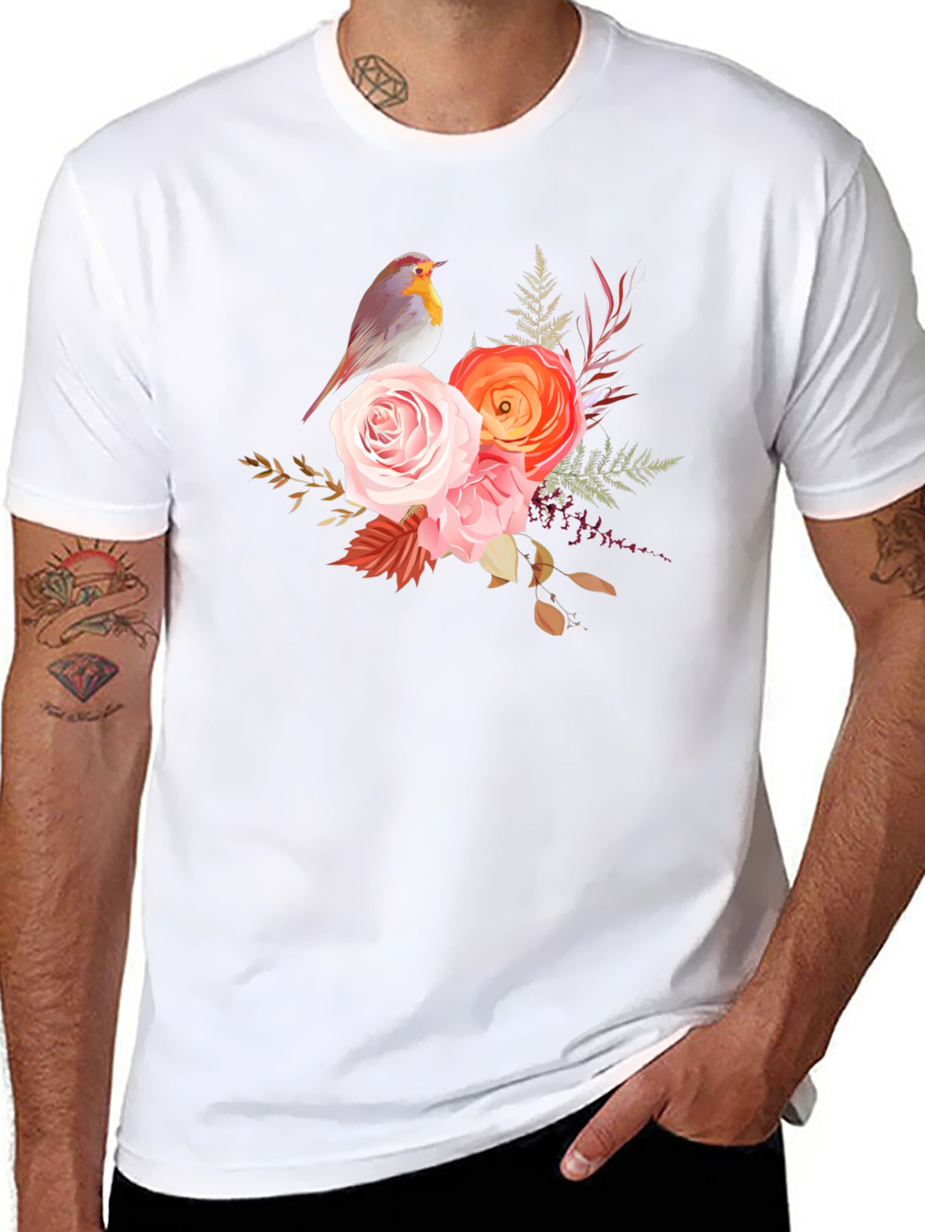 Black Floral Bird Graphic Tee - Soft Black Cotton Casual Wear view 8