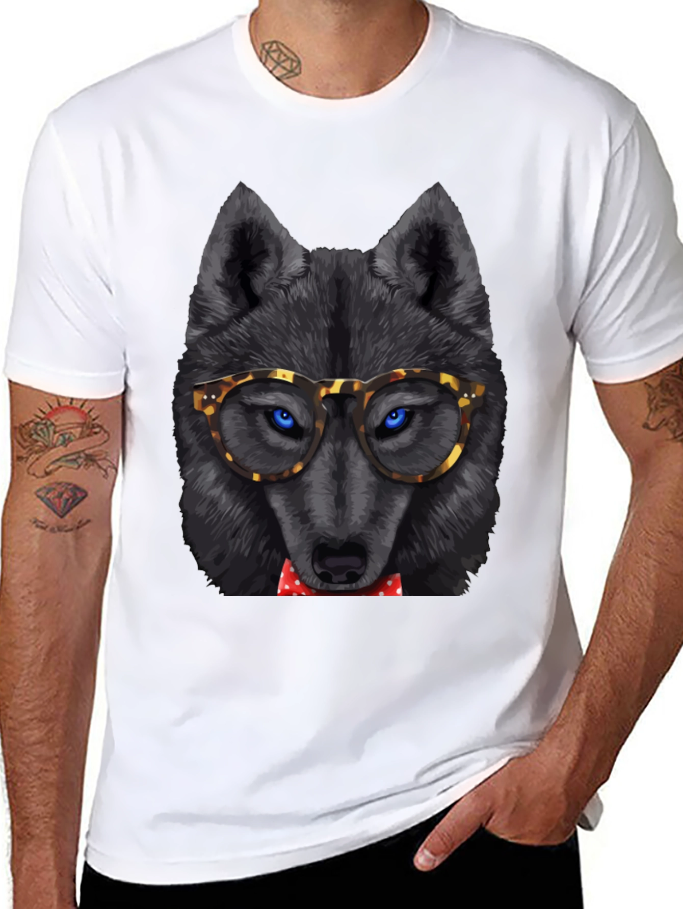 Black Wolf in Glasses Graphic Tee - Cool Animal Print Shirt view 8