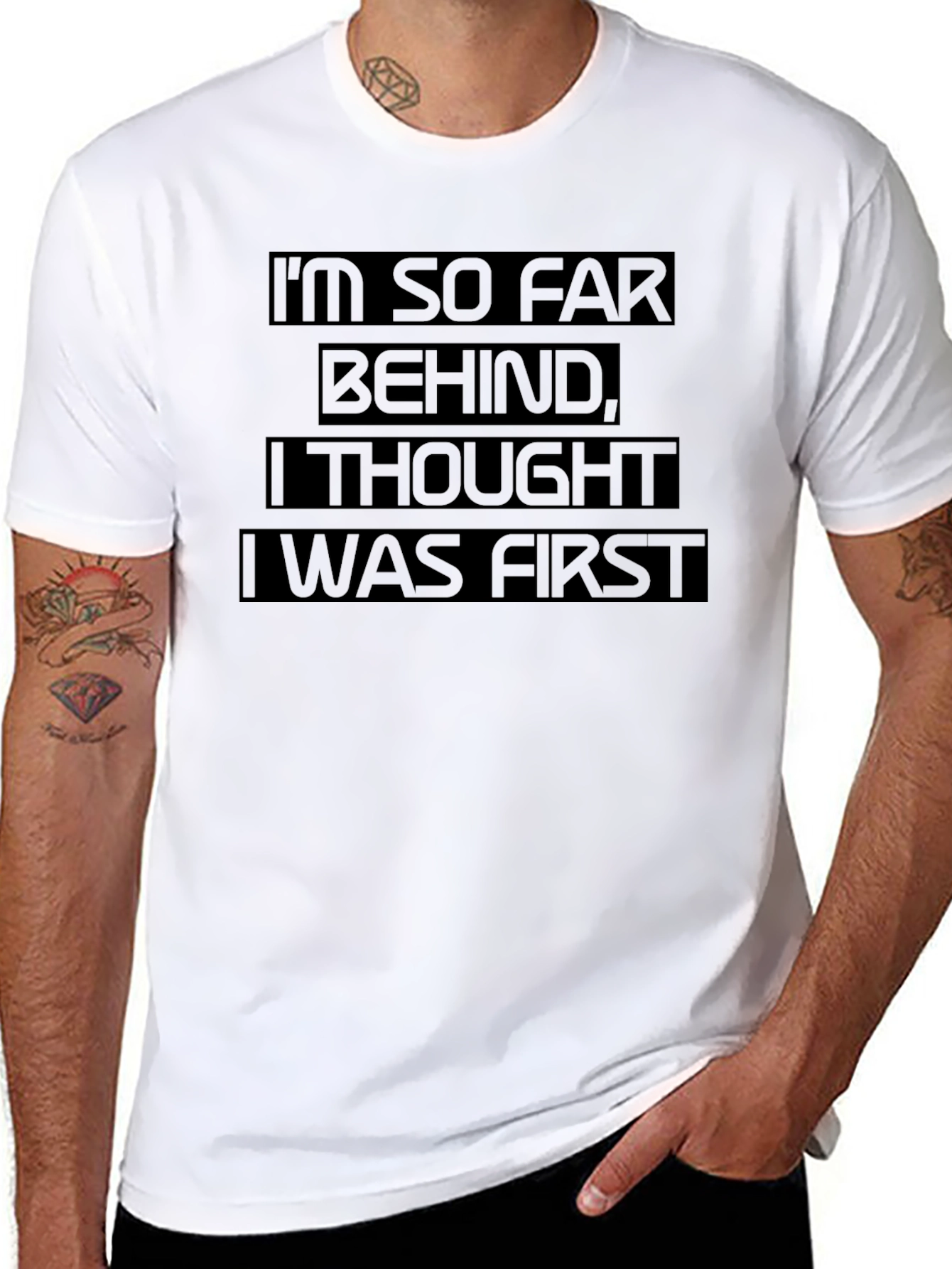 Black Funny "I'm So Far Behind" Black Graphic T-Shirt view 8