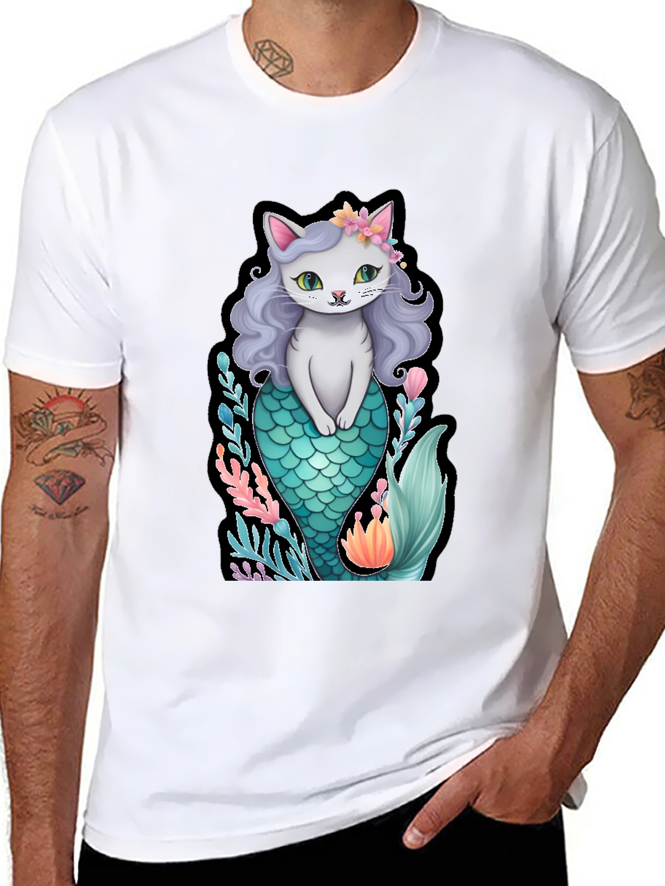 Black Cat Mermaid Graphic T-Shirt - Unique Novelty Tee view 8