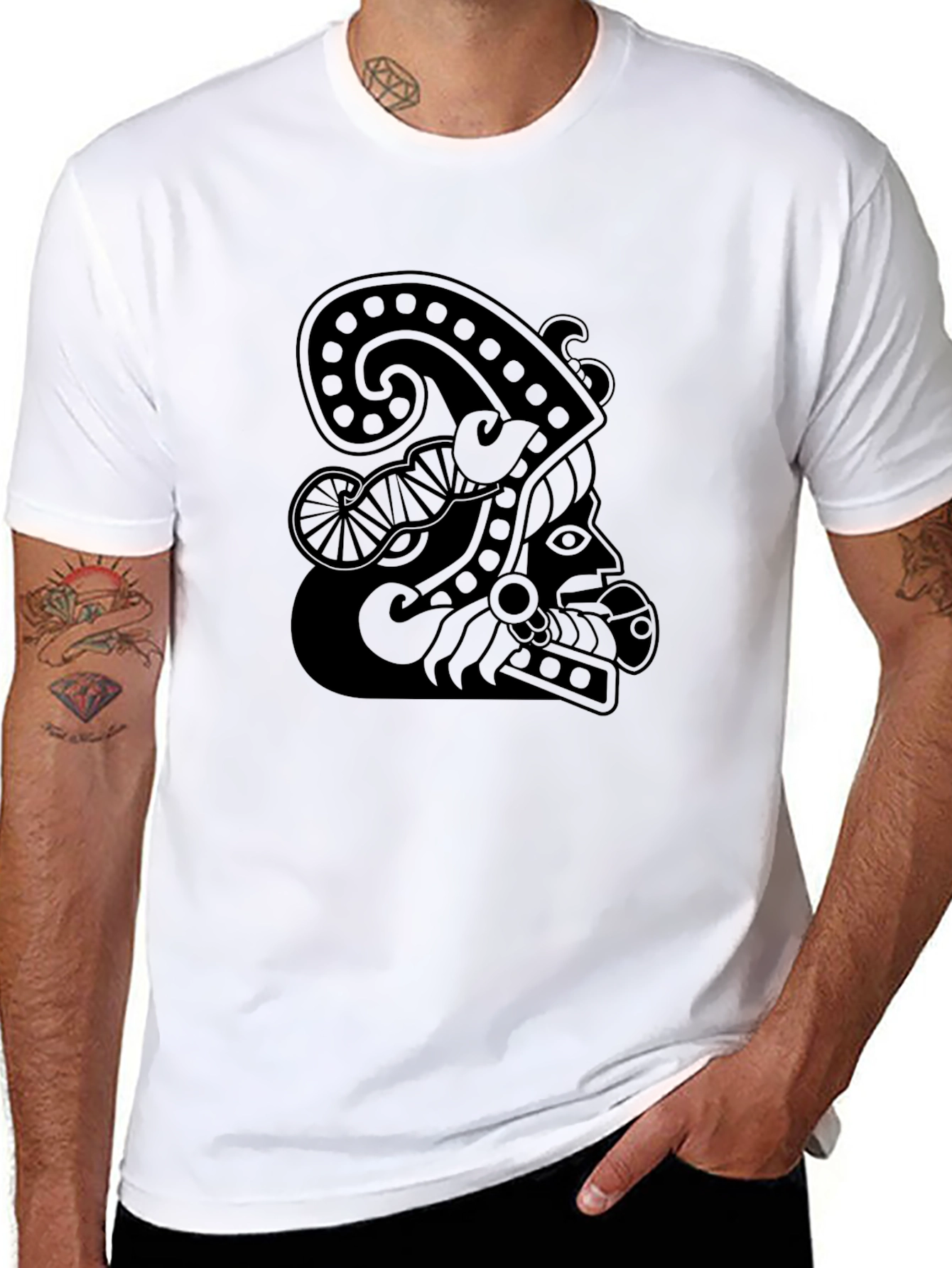 Black Men's Black T-Shirt with Mayan Design view 8