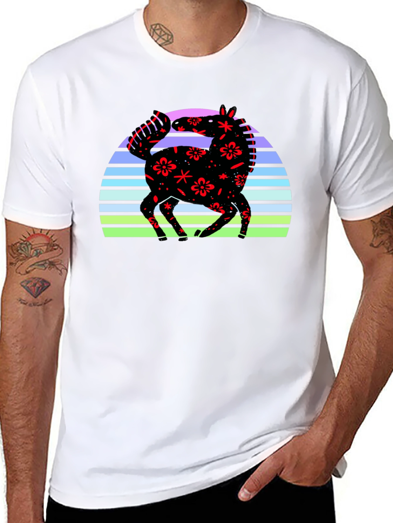 Black Floral Horse Sunset Graphic Tee - Black view 8