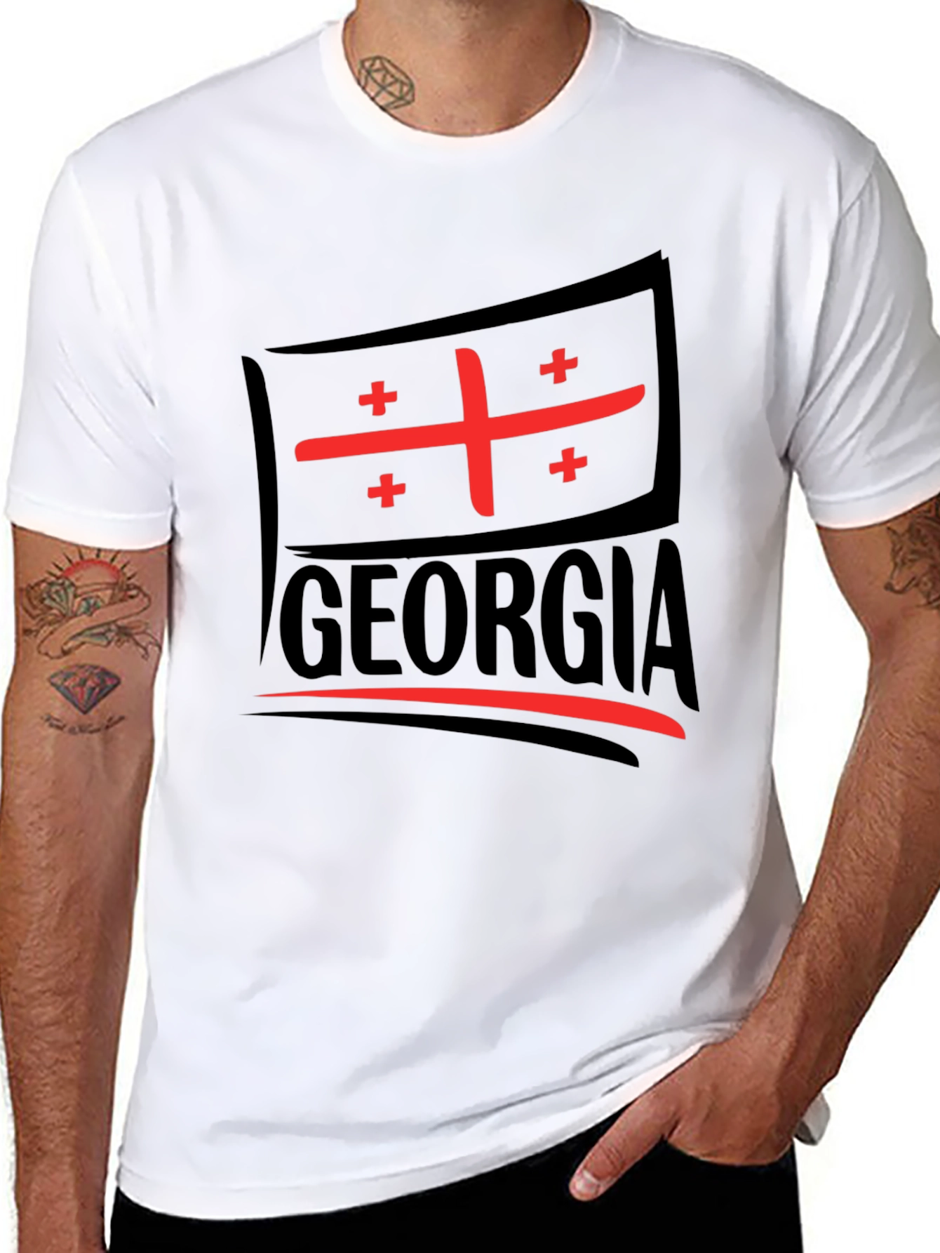 Black Georgia Flag T-Shirt - Black Cotton Tee view 8