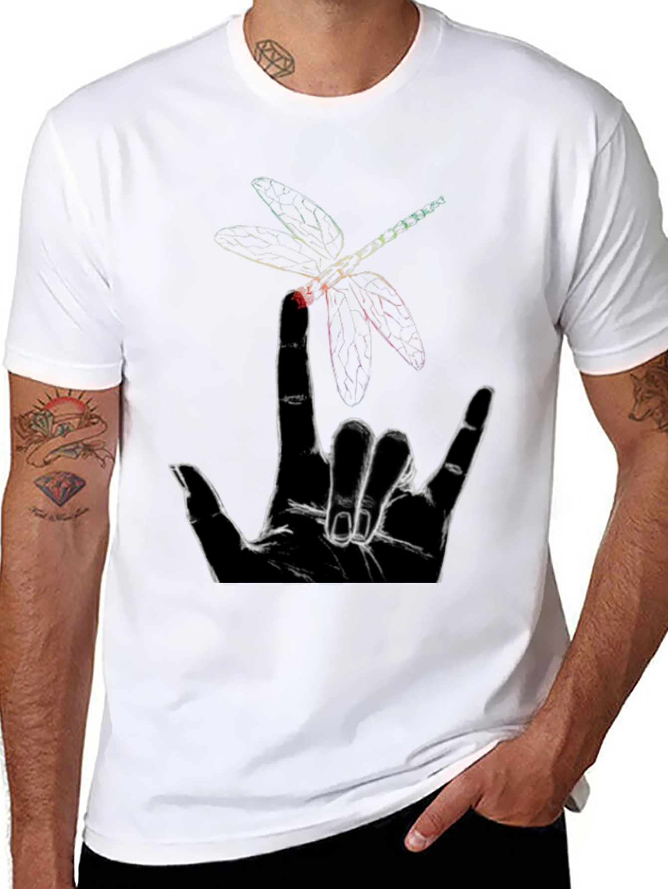 Black Dragonfly Hand Sign Graphic Tee - Black Cotton view 8