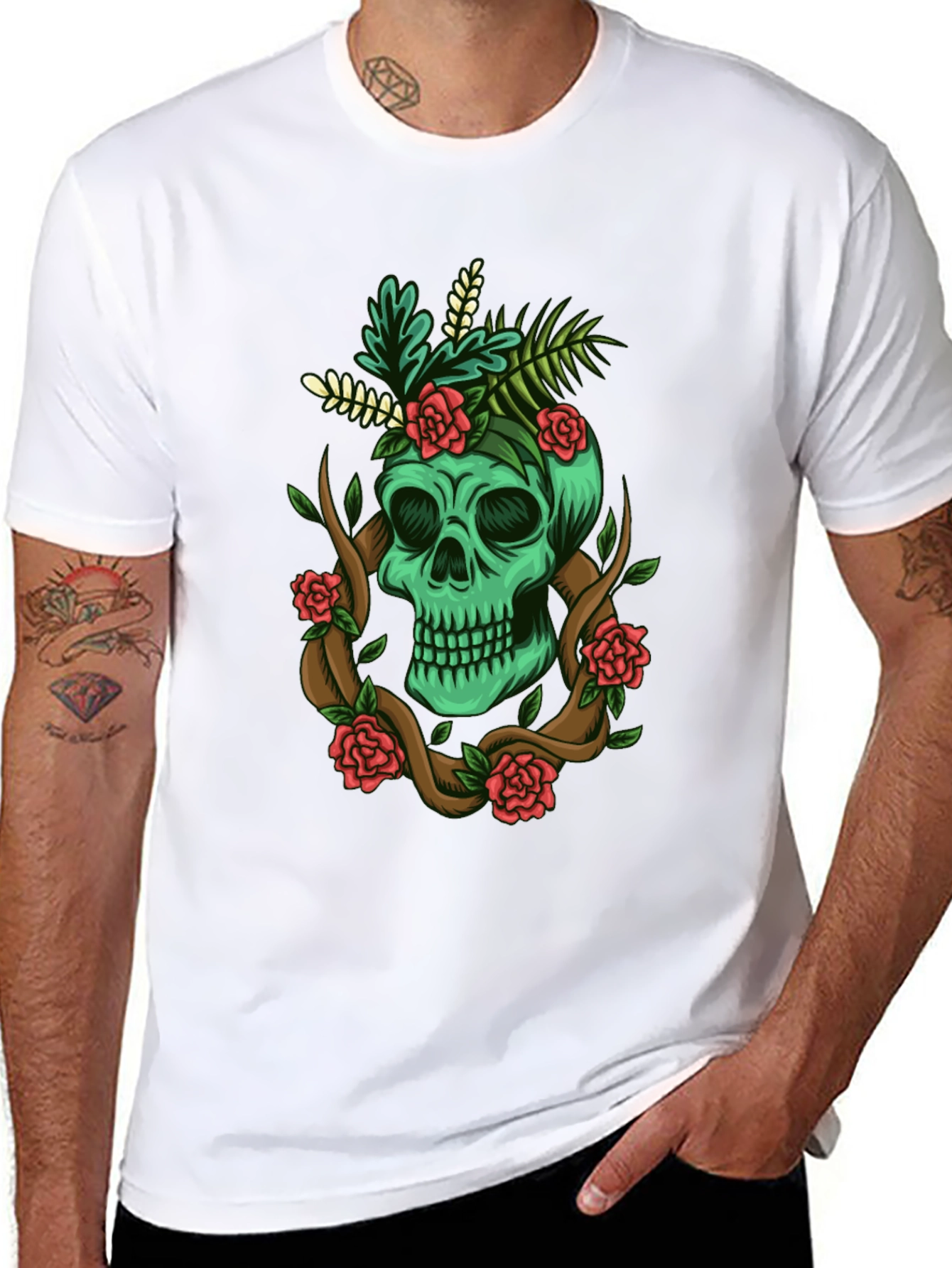 Black Skull & Roses Graphic Tee - Men's Black T-Shirt view 8