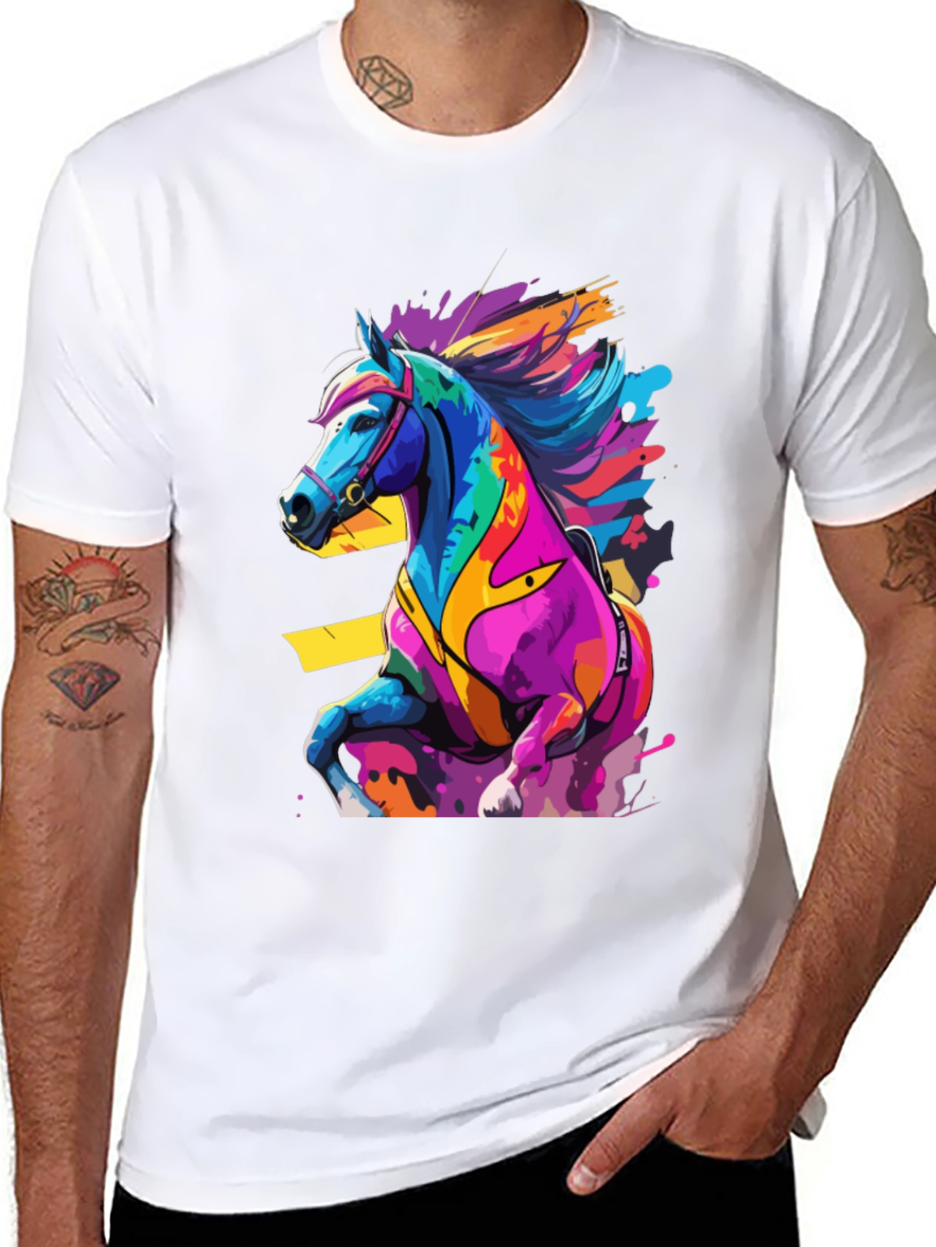 Black Colorful Horse Graphic Tee - Artistic Animal Design view 8