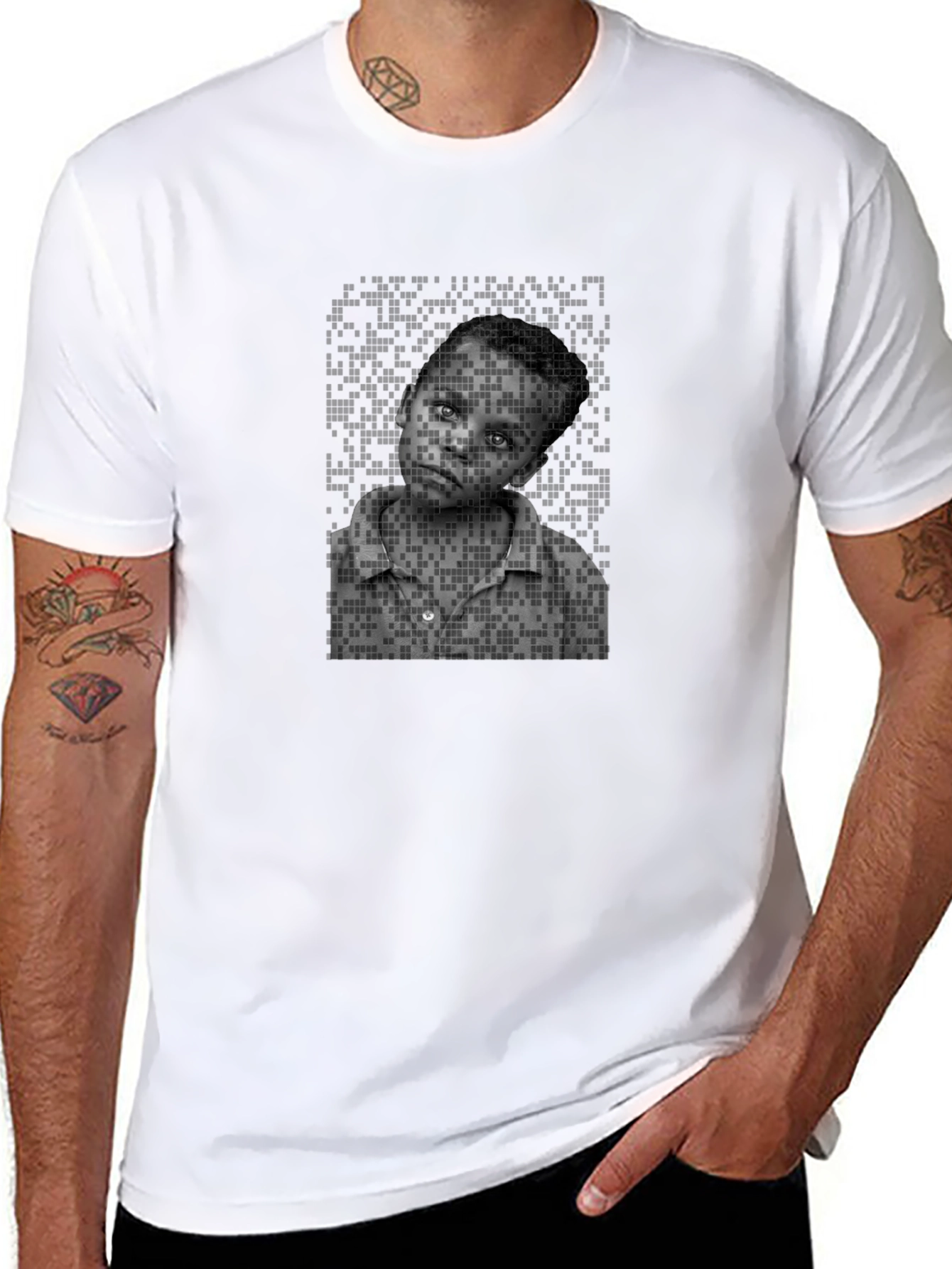 Black Pixelated Portrait Tee - Unique Graphic Design view 8