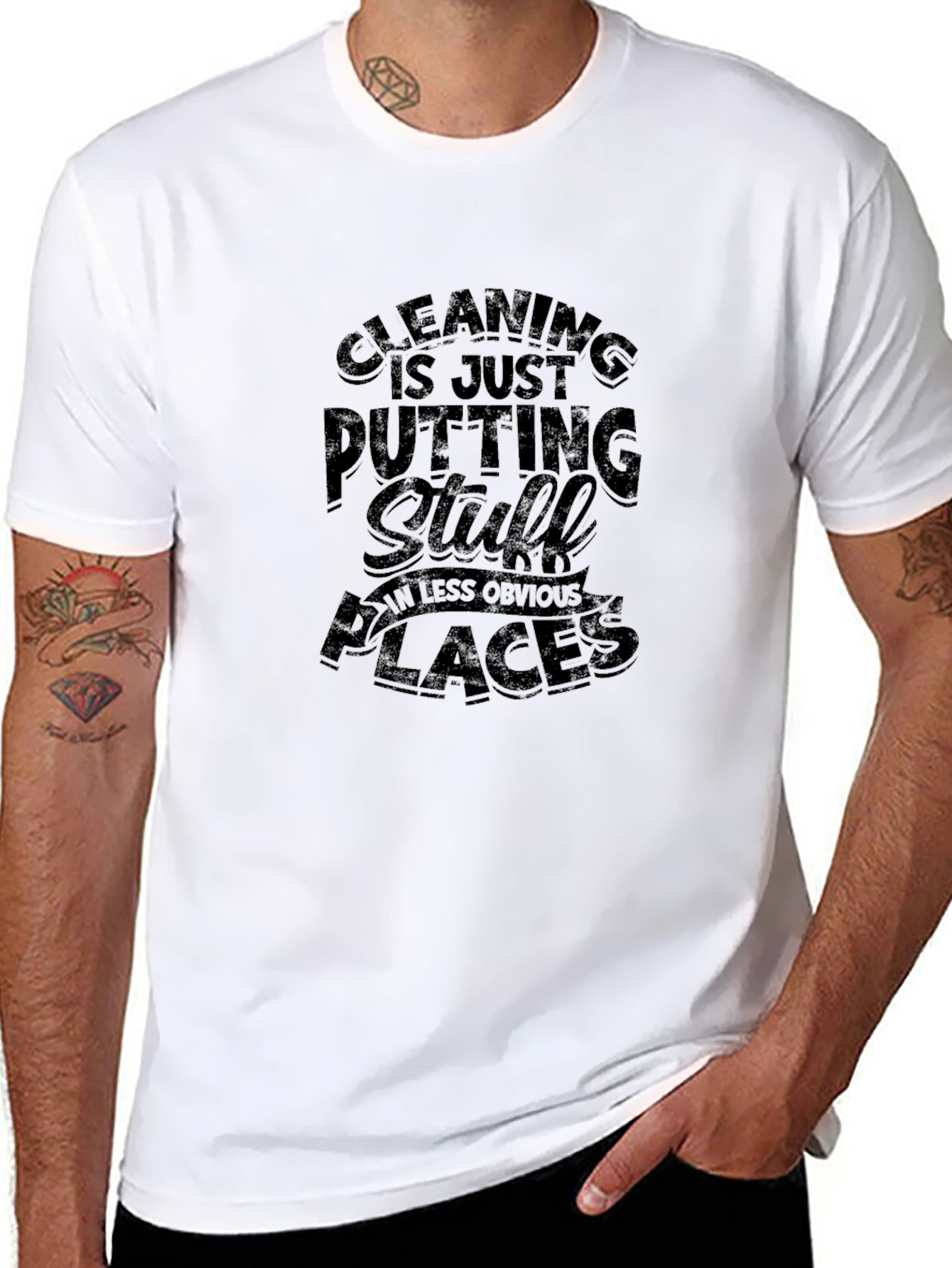 Black Cleaning Humor T-Shirt - "Putting Stuff in Less Obvious Places" view 8