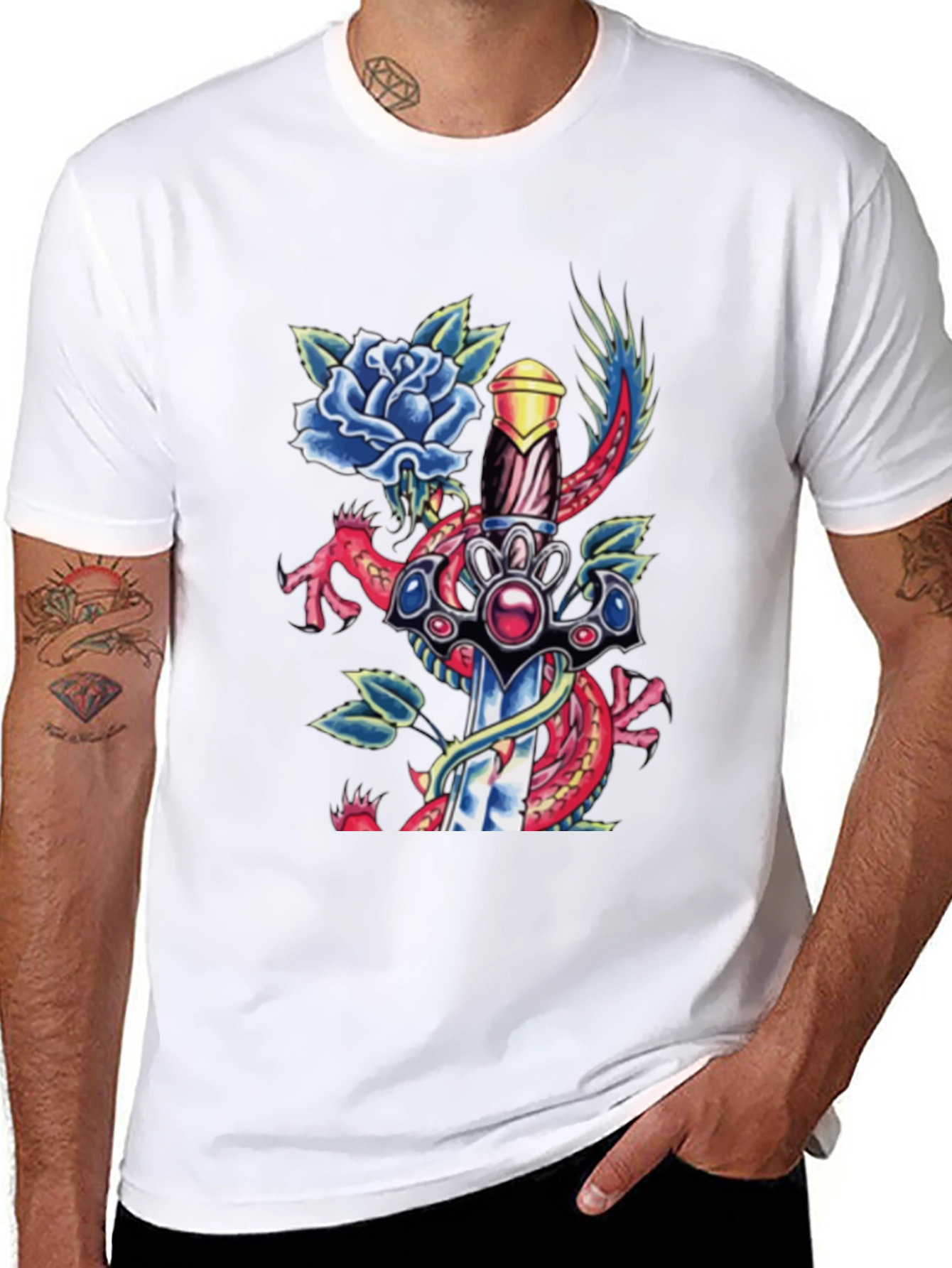 Dragon Sword Tattoo Graphic Men's Tee - 8