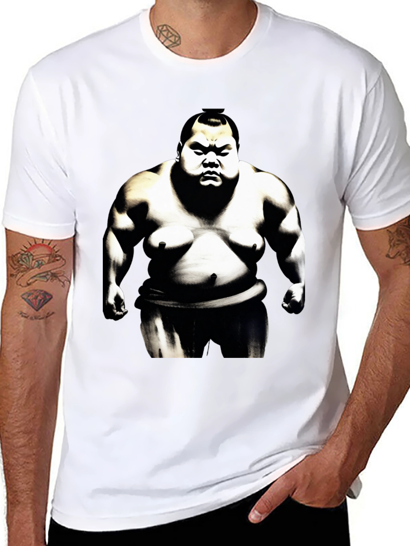 Black Sumo Wrestler Graphic Tee - Black Cotton Blend view 8
