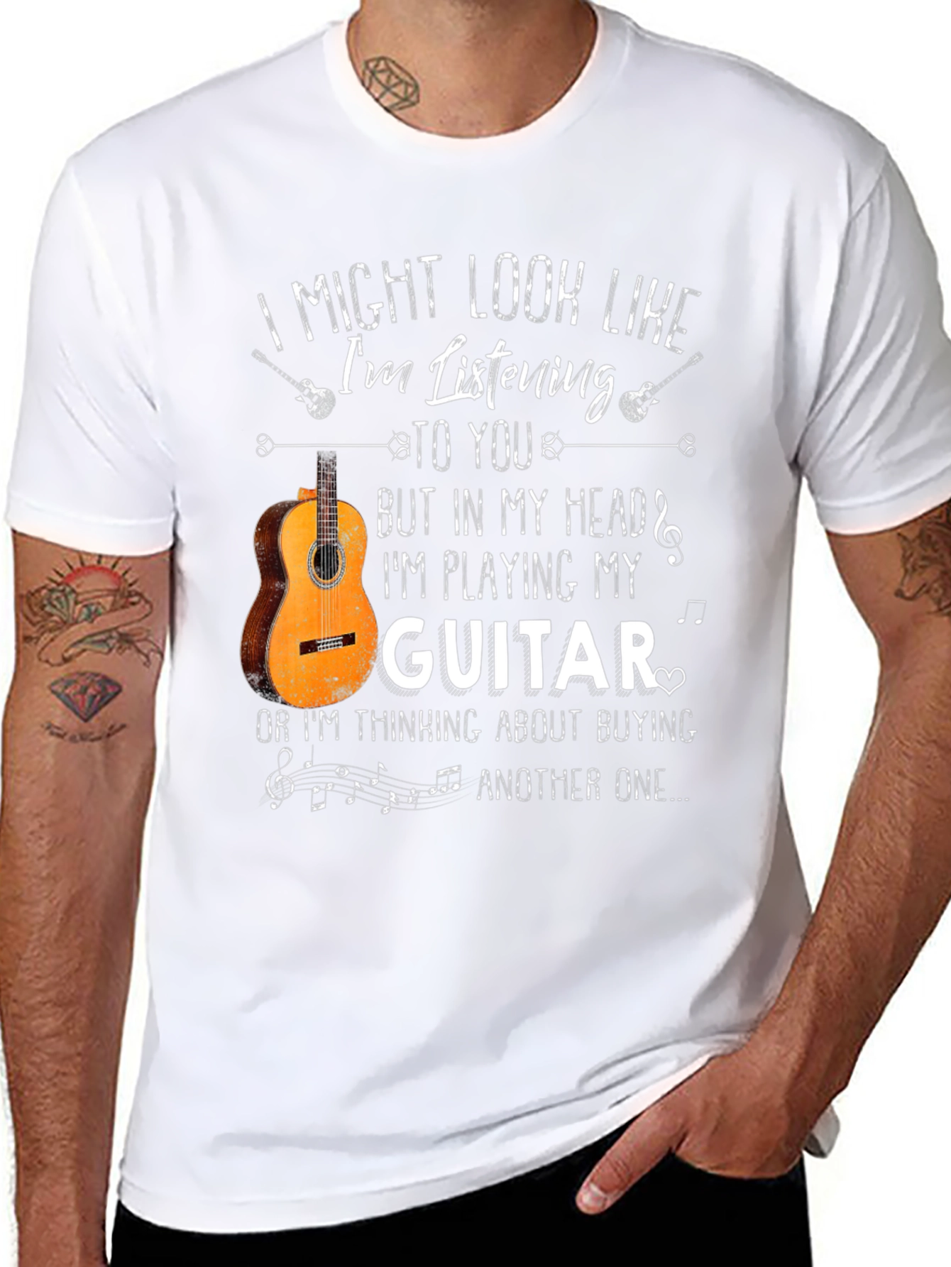 Black I Might Look Like I'm Listening Guitar T-Shirt view 8