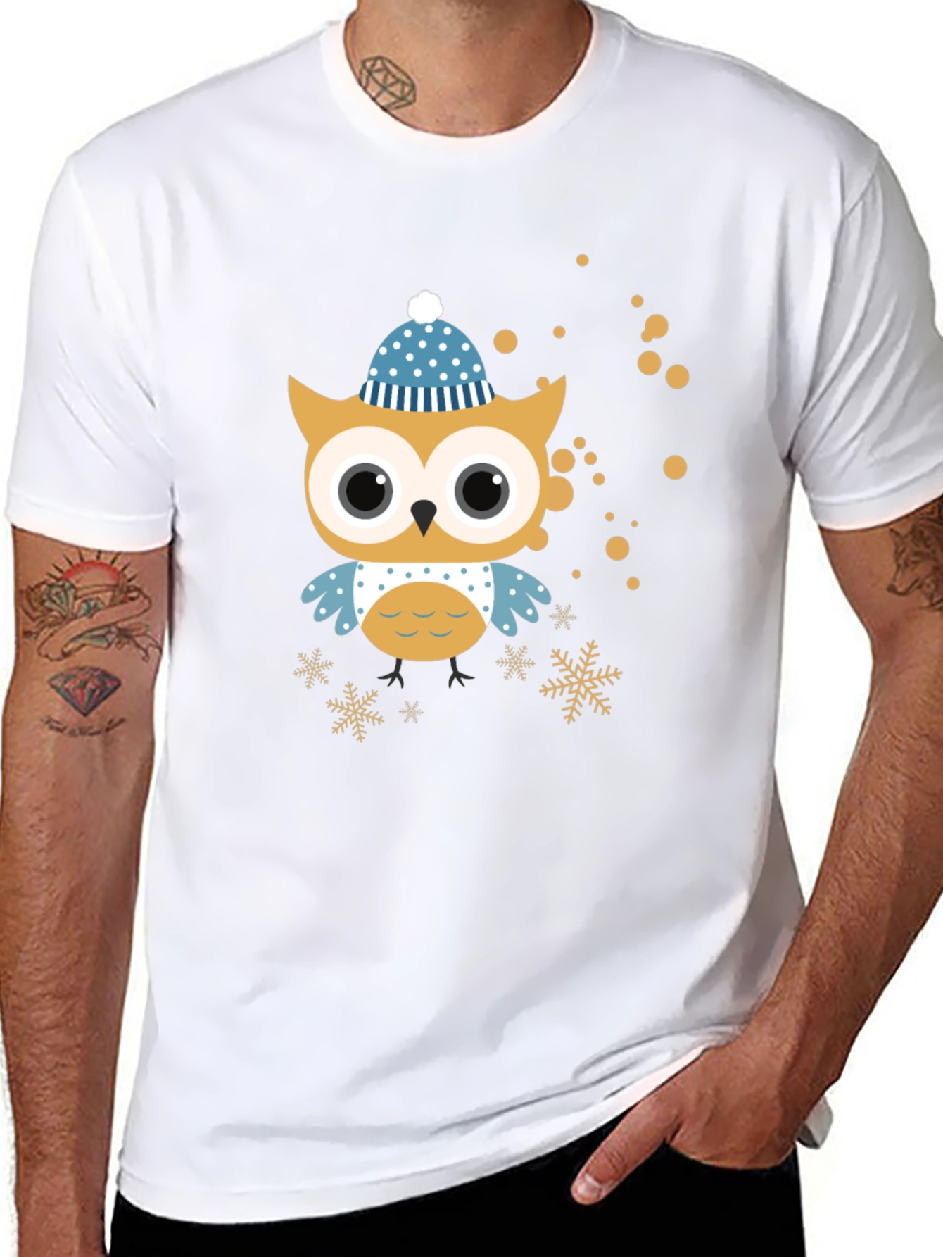 Black Festive Owl Graphic Tee - Winter Holiday Style view 8