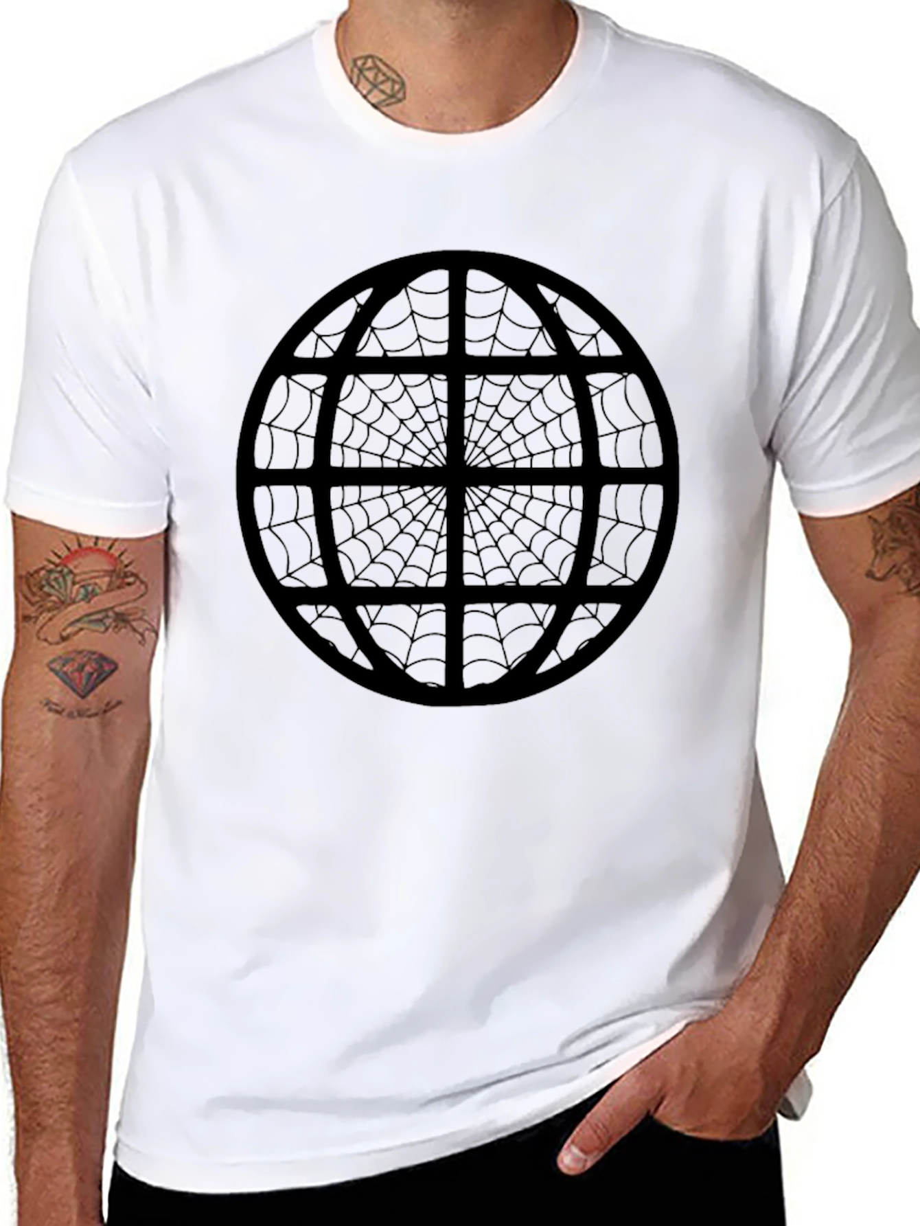 Black Spiderweb Globe Black T-Shirt - Unique Graphic Tee view 8