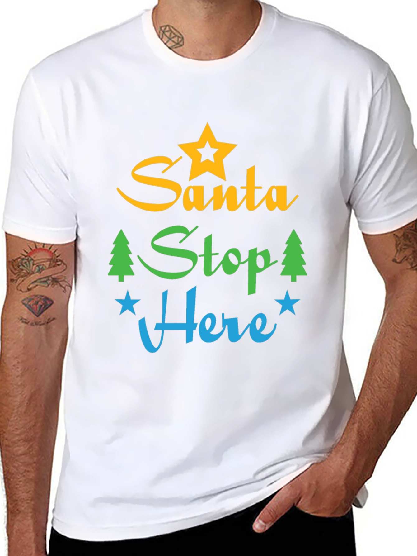 Black Santa Stop Here Graphic Tee - Festive Holiday Apparel view 8