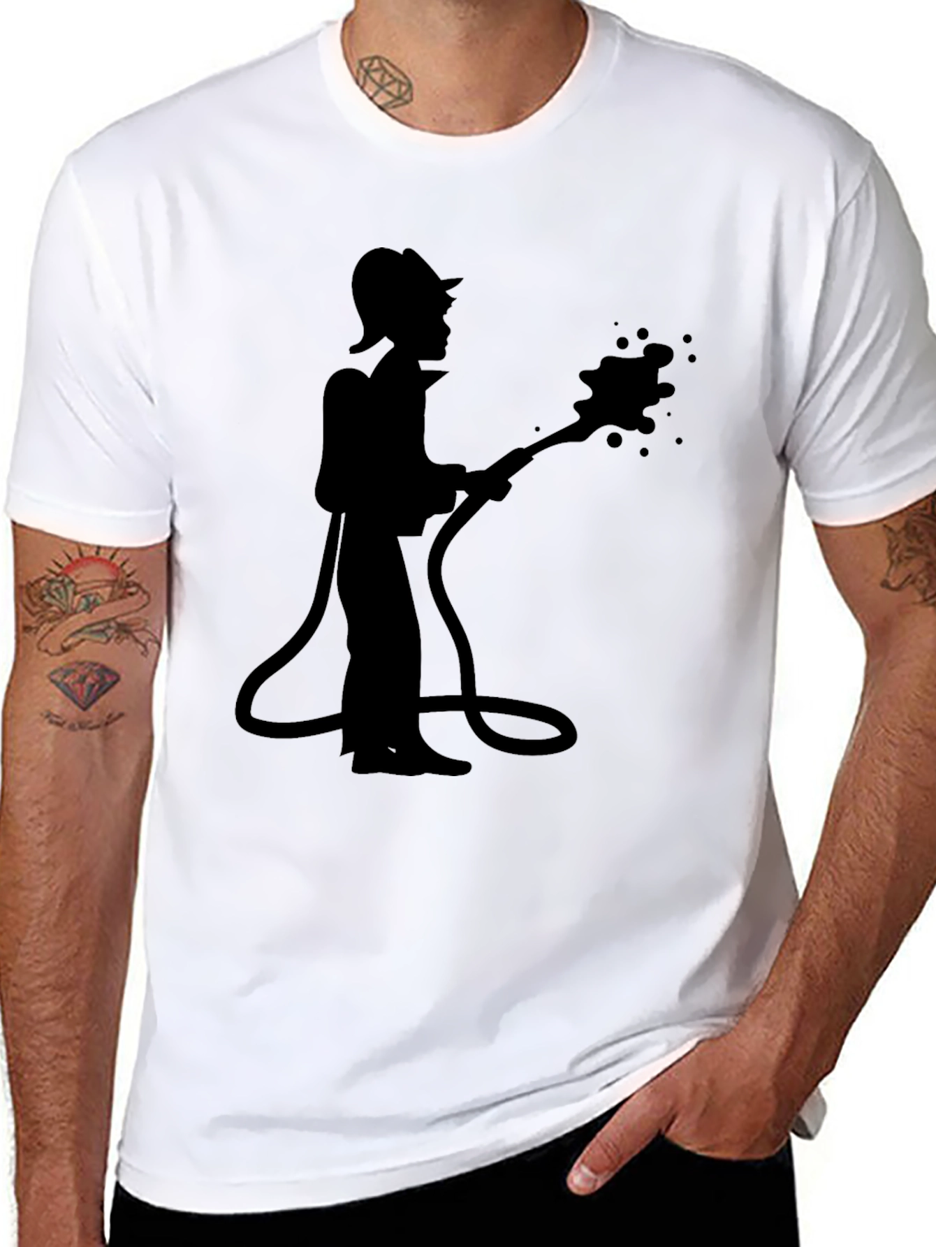 Black Firefighter Silhouette Graphic Tee - Black Cotton Casual Shirt view 8