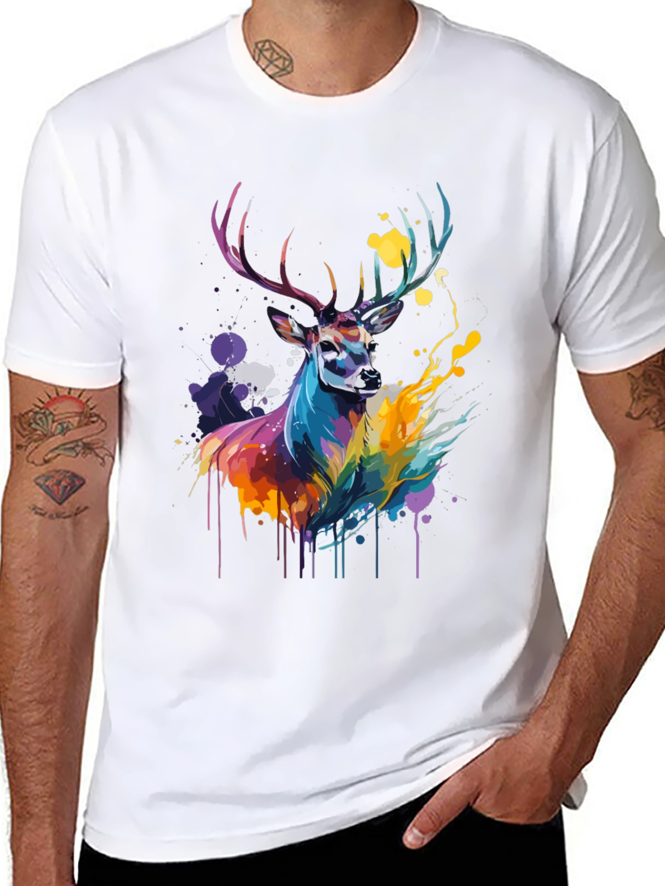 Black Colorful Deer Graphic Tee - Men's Black T-Shirt view 8