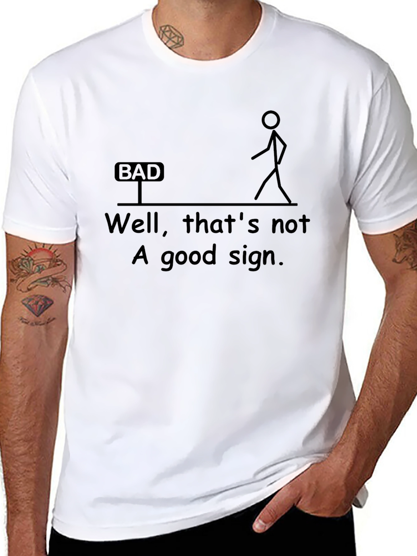 Black Humorous Graphic T-Shirt - "Bad Sign" Design view 8
