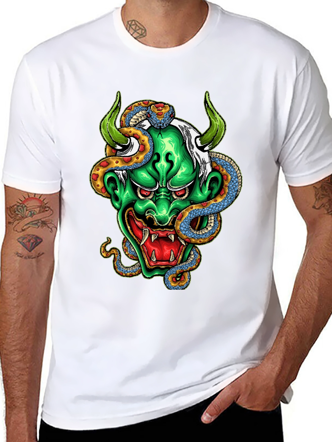 Black Men's Graphic Tee - Oni Mask & Snake view 8
