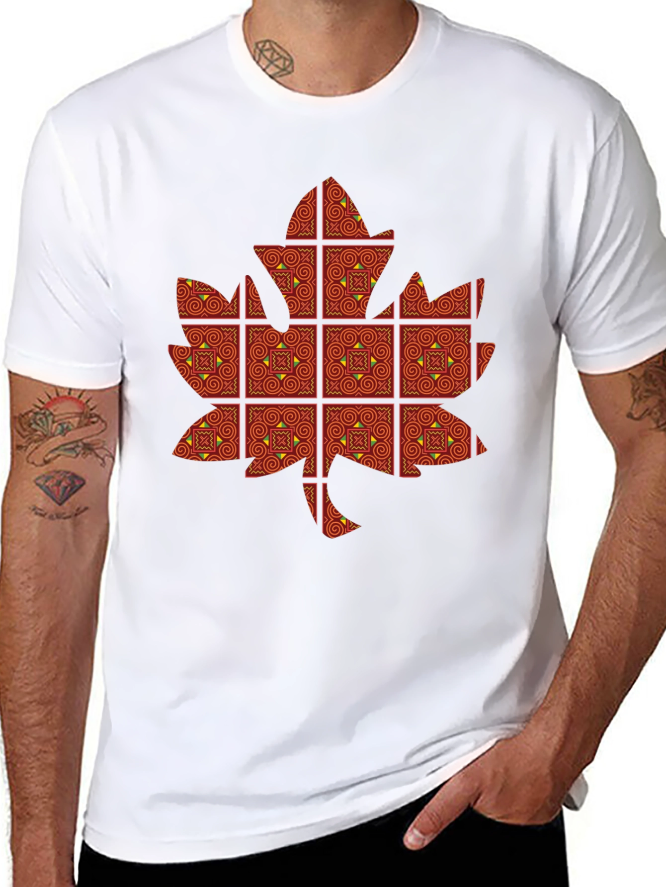 Black Maple Leaf Patterned T-Shirt view 8