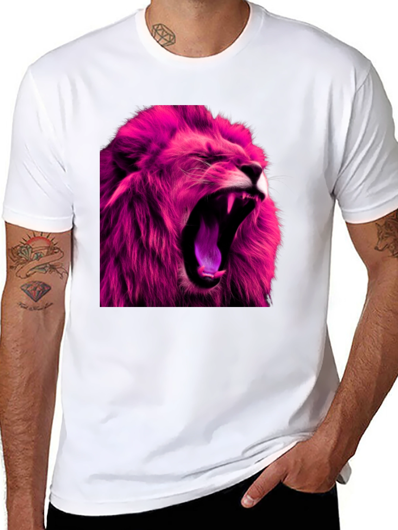 Black Roaring Pink Lion Graphic Print Black T-Shirt view 8