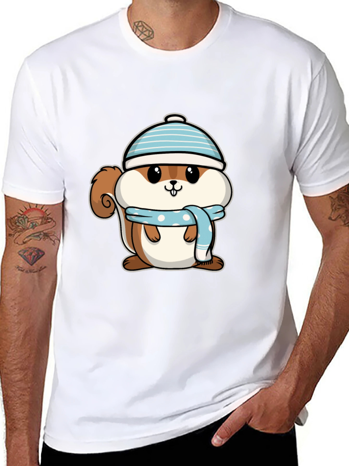 Black Cute Squirrel in Hat T-Shirt - Black view 8