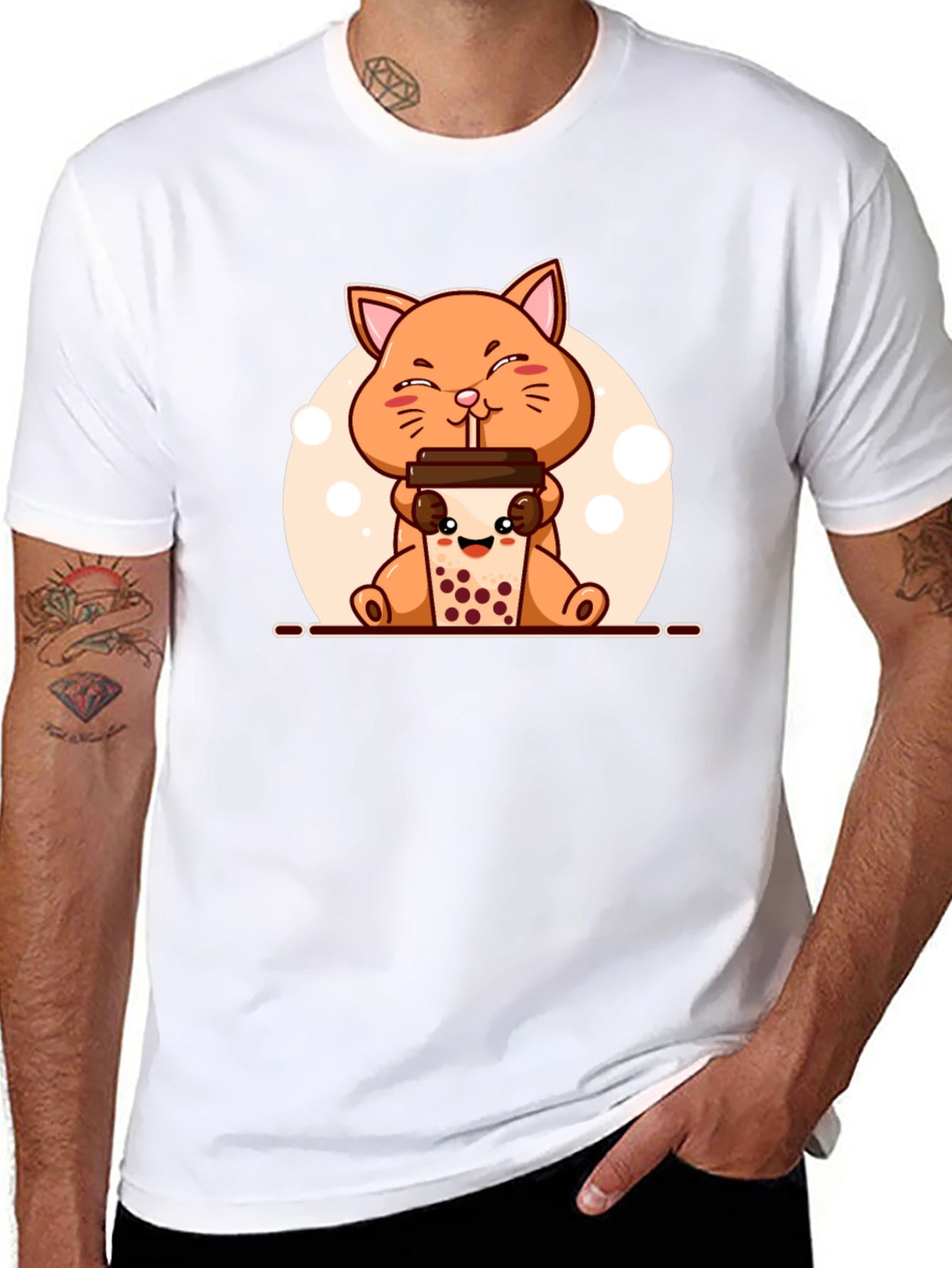 Black Cute Cat Boba Tea Graphic T-Shirt - Unisex view 8