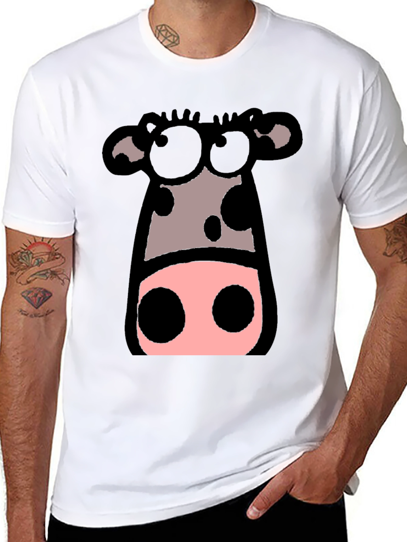 Black Cartoon Cow Graphic Tee - Black Crew Neck T-Shirt view 8