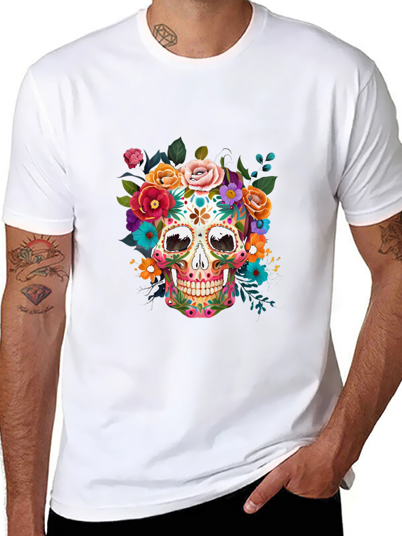 Black Floral Sugar Skull Graphic Tee - Dia de los Muertos view 8