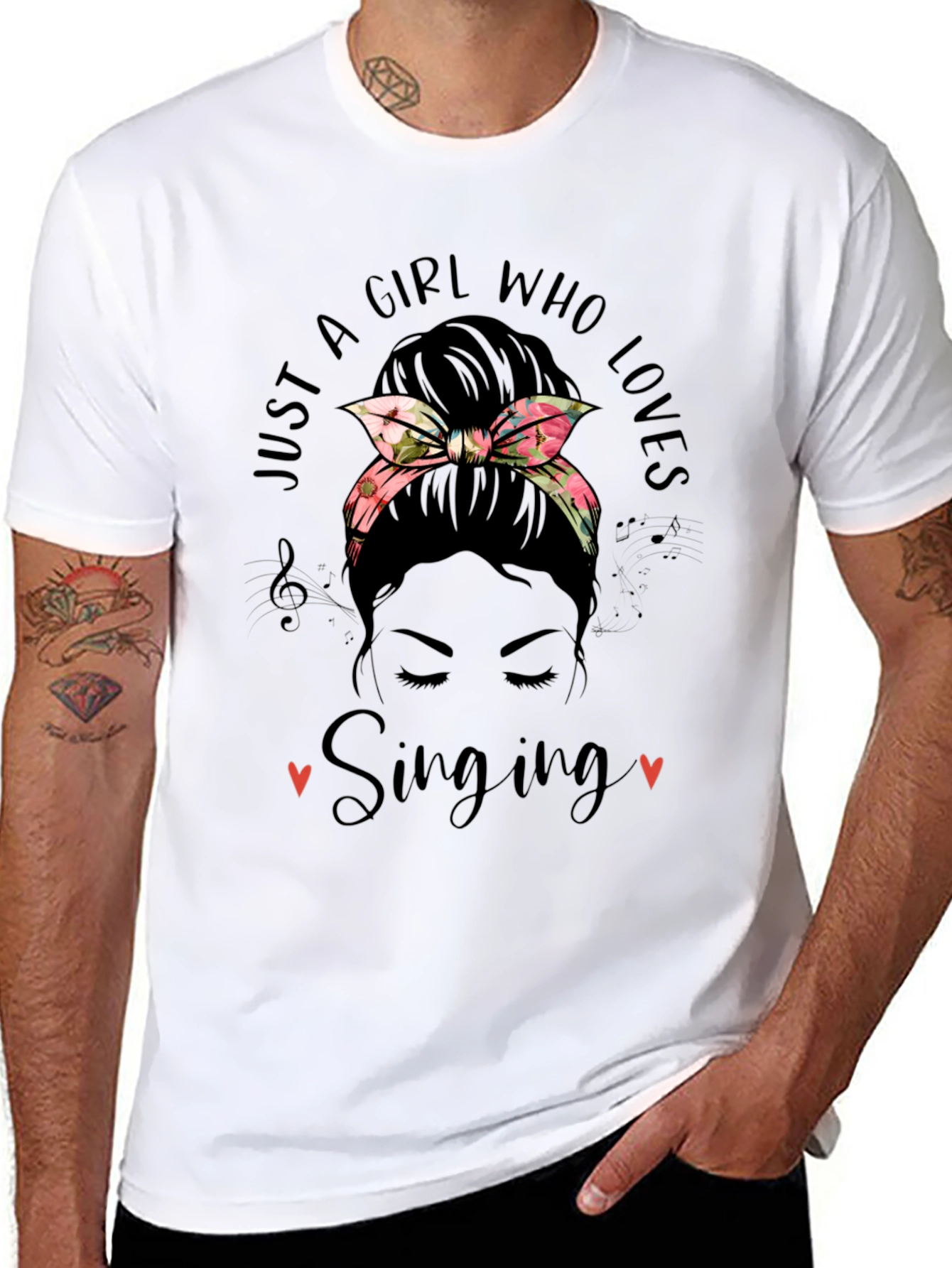 Black Just A Girl Who Loves Singing Messy Bun T-Shirt view 8