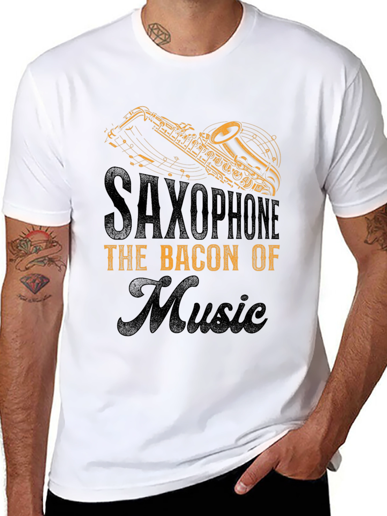 Black Saxophone Bacon of Music T-Shirt view 8
