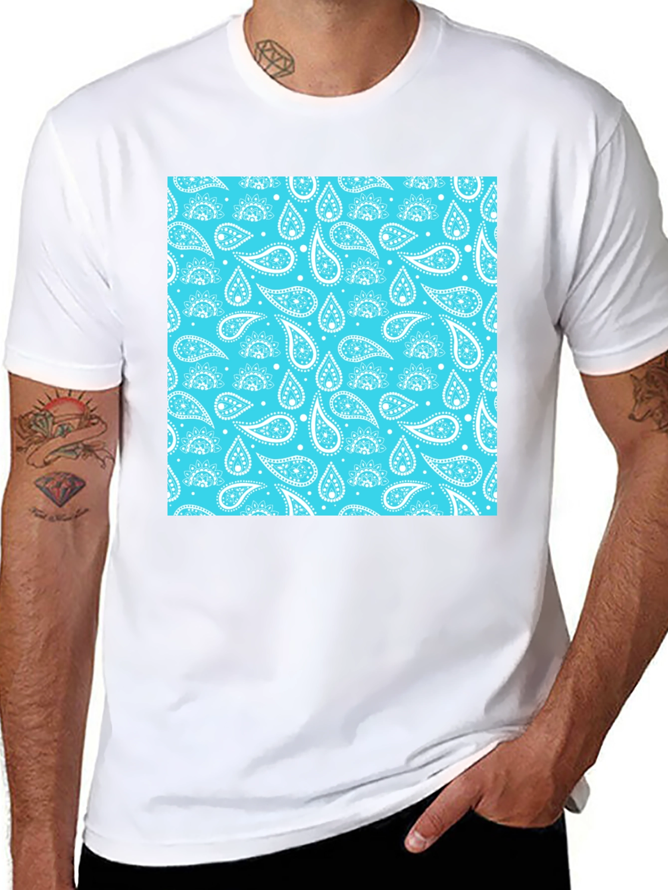 Black Black Tee with Aqua Paisley Design view 8