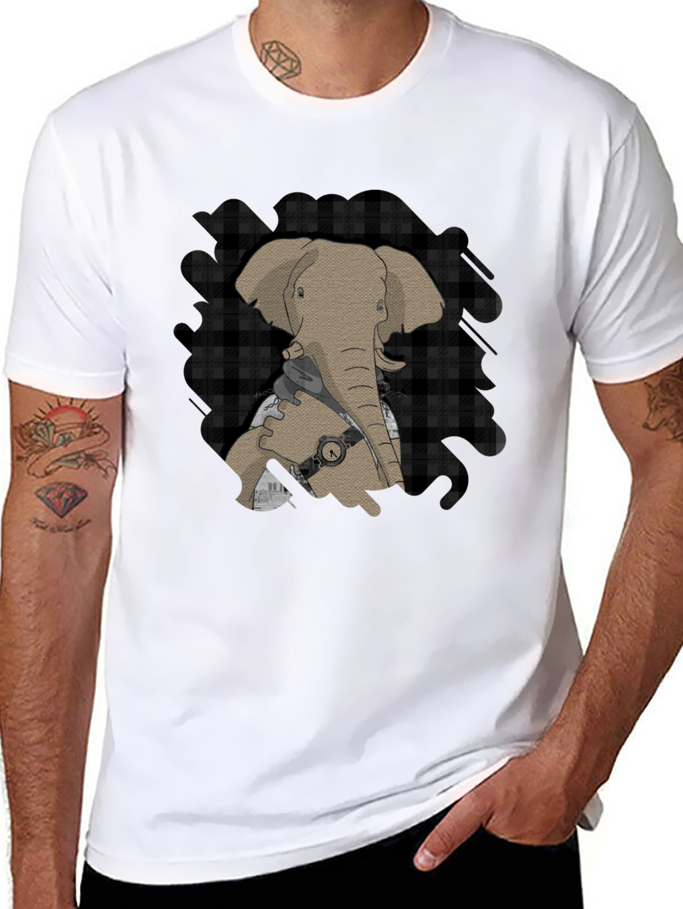 Black Elephant Graphic Tee - Stylish Plaid Accent view 8
