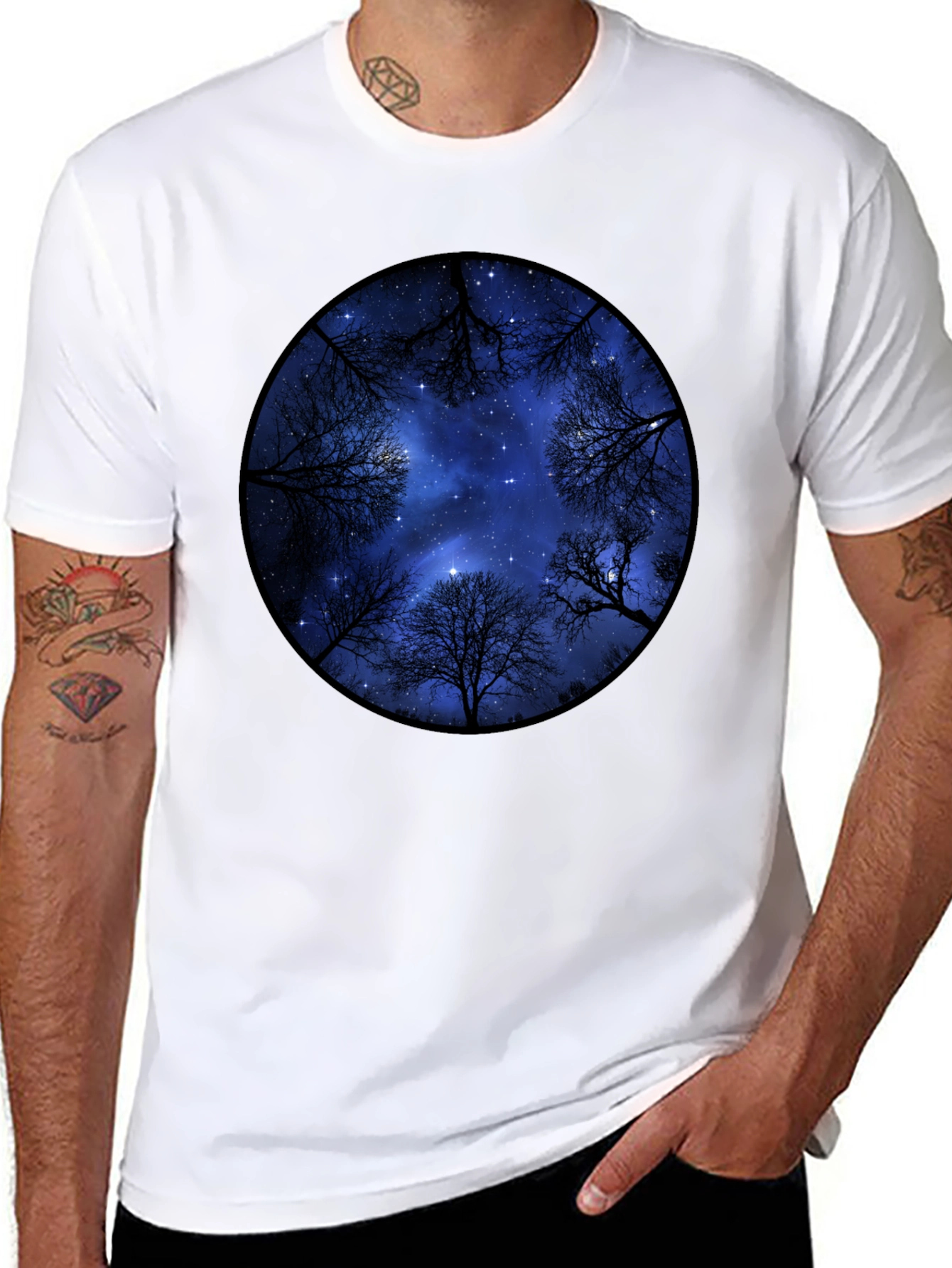 Black Starry Sky Trees Graphic Tee - Black Cotton Blend view 8