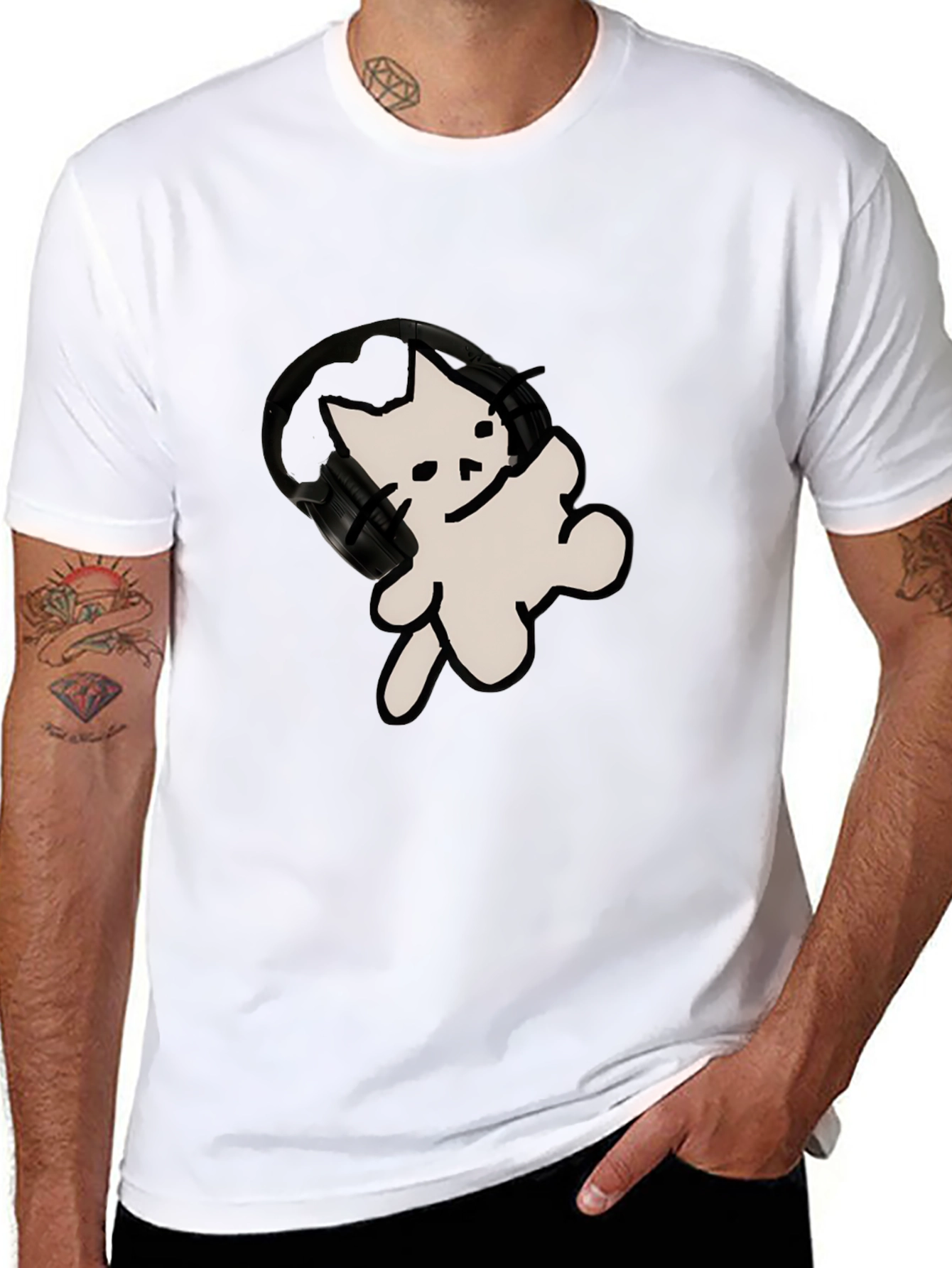 Black Cool Cat T-Shirt with Headphones view 8