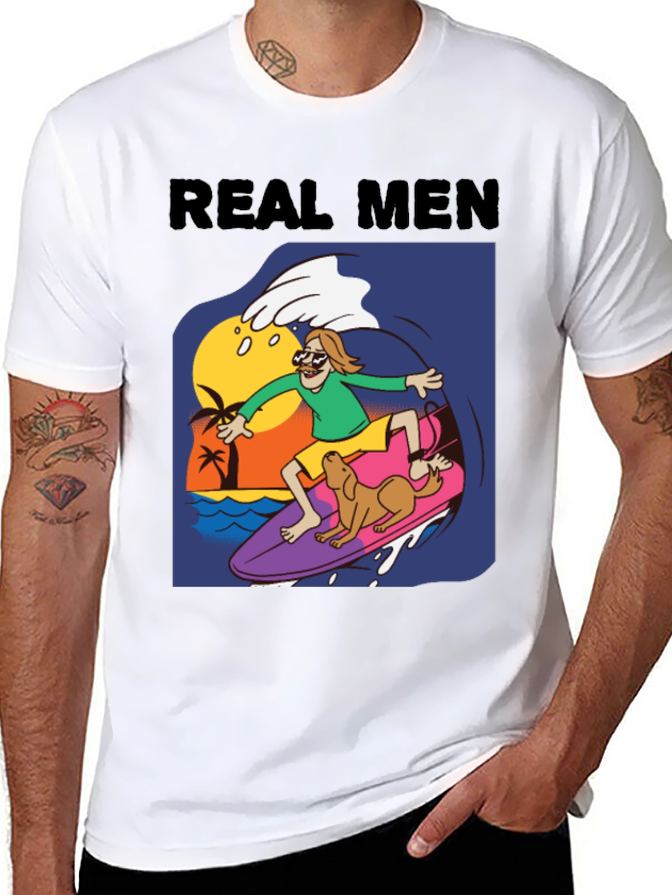 Black Real Men Surf Tee - Novelty Cartoon Graphic T-Shirt view 8
