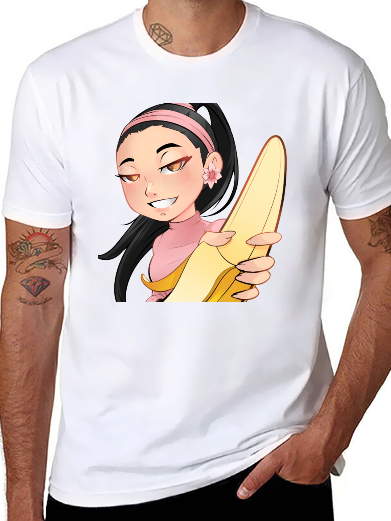 Black Anime Girl with Banana Black T-Shirt view 8