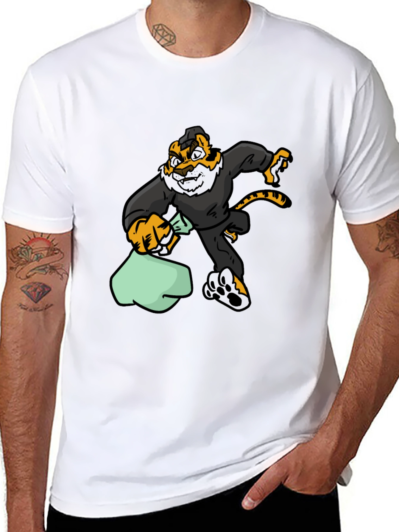 Black Cartoon Tiger Thief Graphic Tee - Black Cotton T-Shirt view 8
