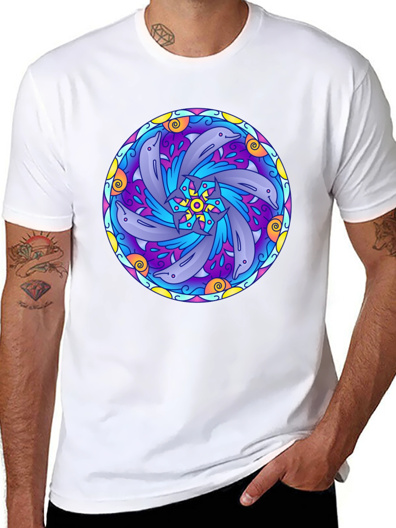 Black Dolphin Mandala Graphic Tee - Black Cotton T-Shirt view 8