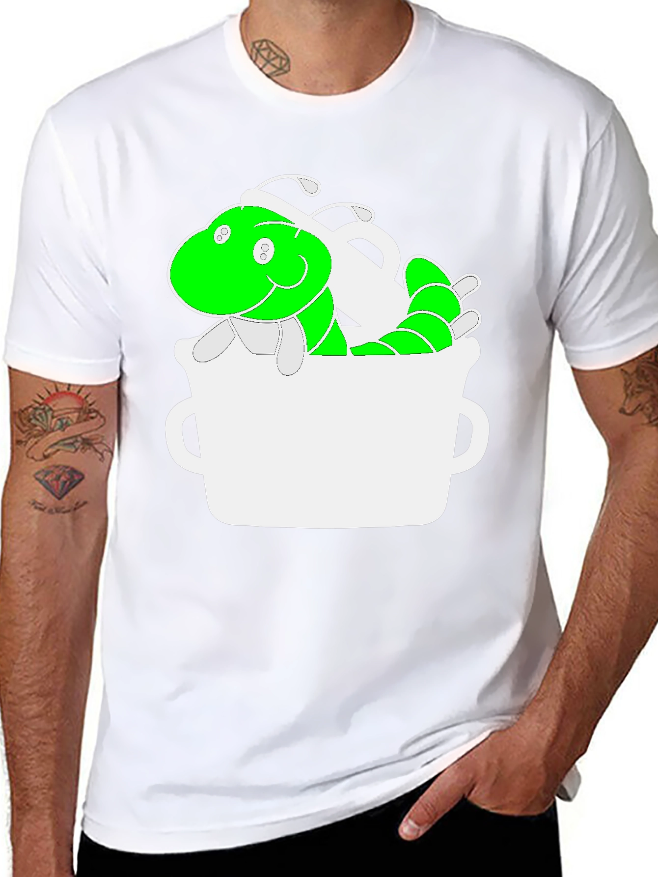 Black Funny Green Worm in Mug Graphic Tee view 8