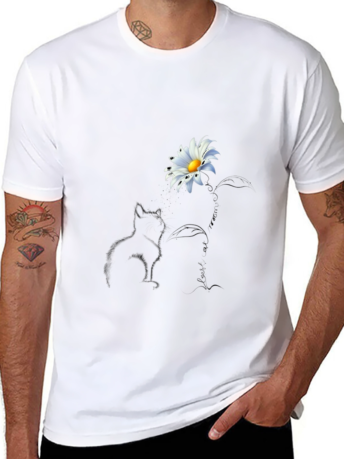 Black Black T-Shirt with Cat and Daisy Design view 8