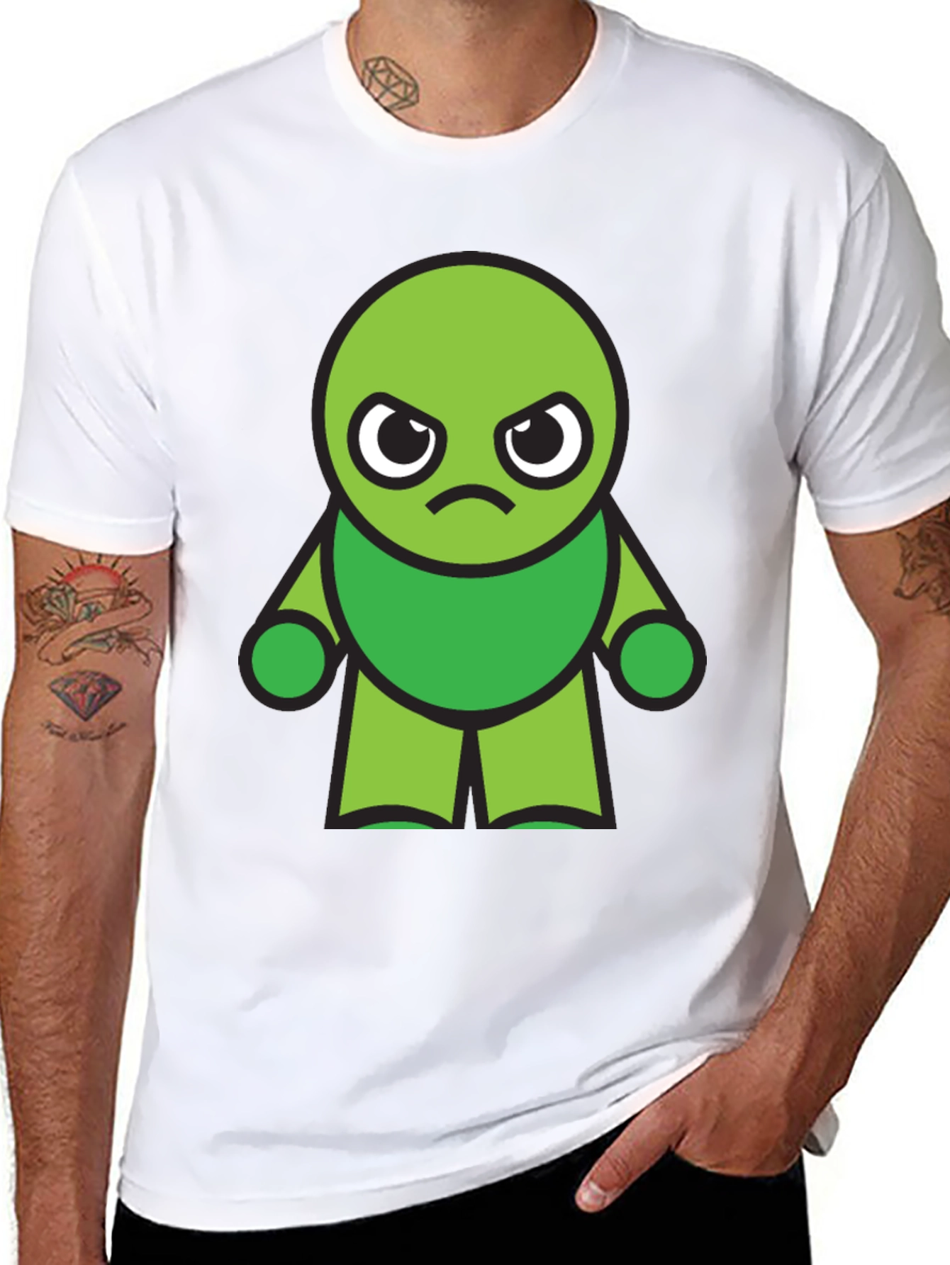 Black Grumpy Green Cartoon Character Black T-Shirt view 8