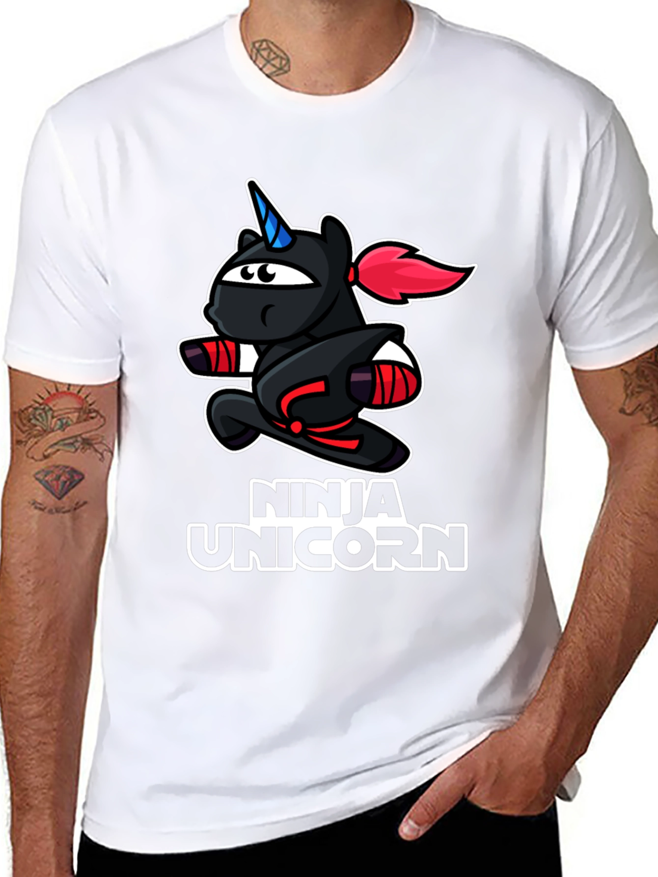 Black Ninja Unicorn Black T-Shirt - Cartoon Graphic Tee view 8