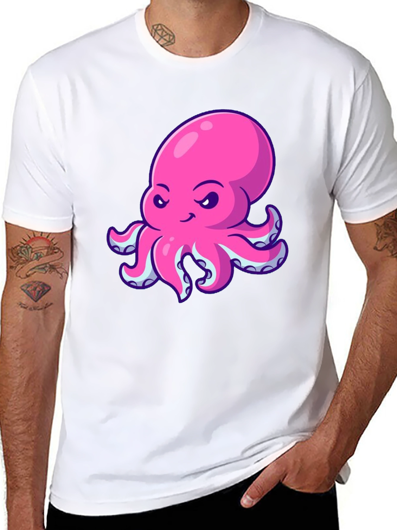Black Pink Octopus Graphic Print Black T-Shirt view 8